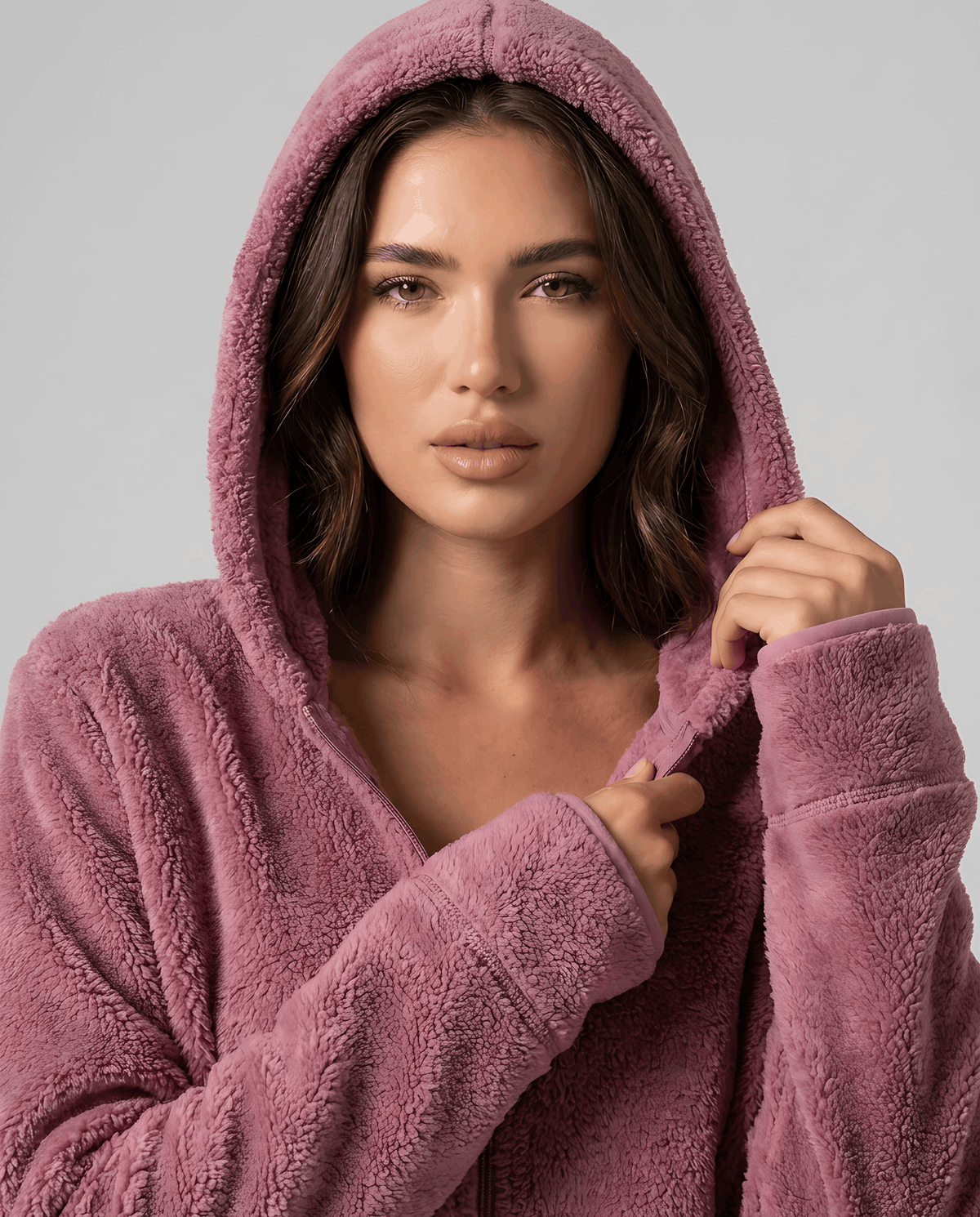 Dusty pink zip hoodie with the hood up and a hand holding the zip
