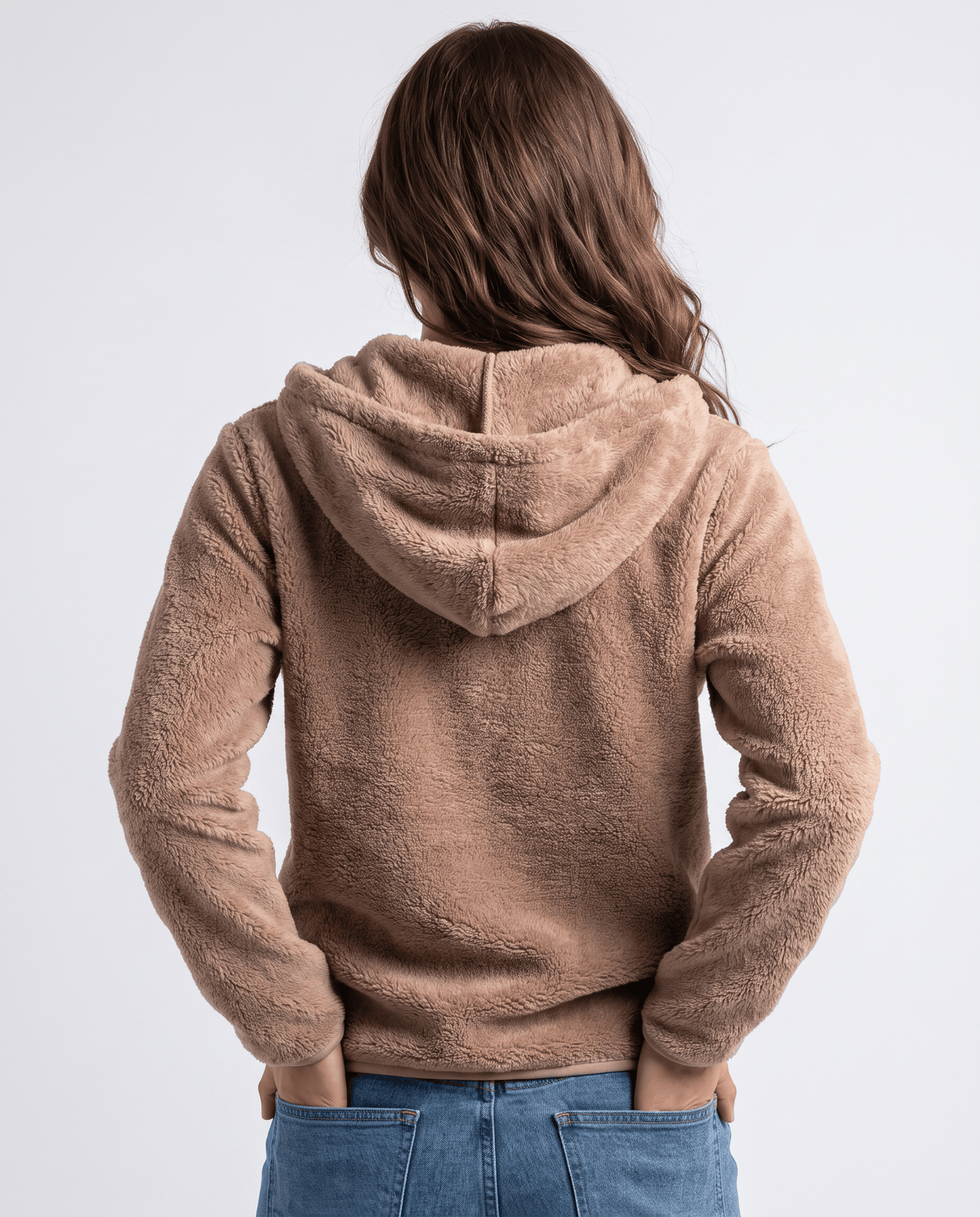 Tan sherpa hoodie from behind with the hood down and an oversized shape