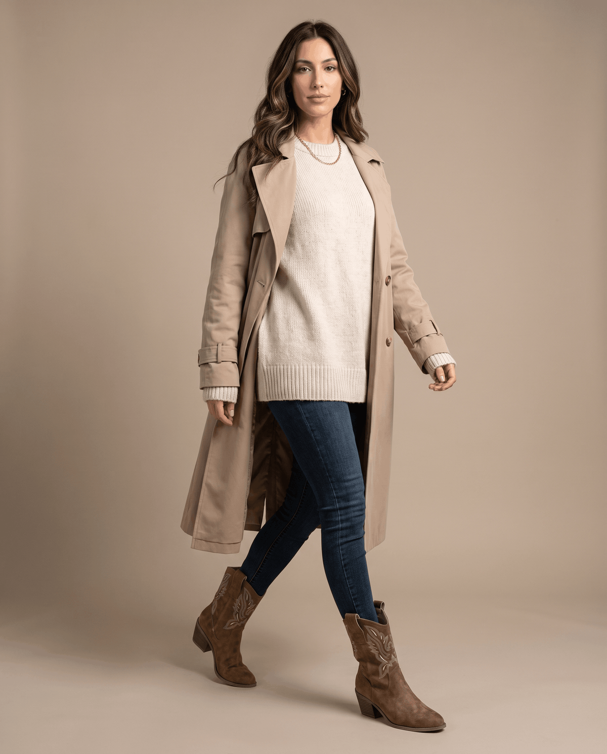 Woman in a beige trench coat and tucked jeans styled with camel western boots