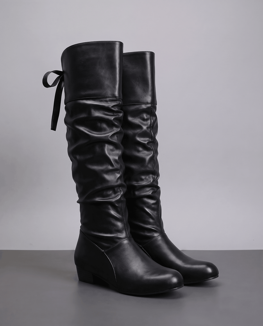 Leather-Look Slouch Knee-High Boots – Back Bow Tie, Round Toe & Low Heel | Renvara
