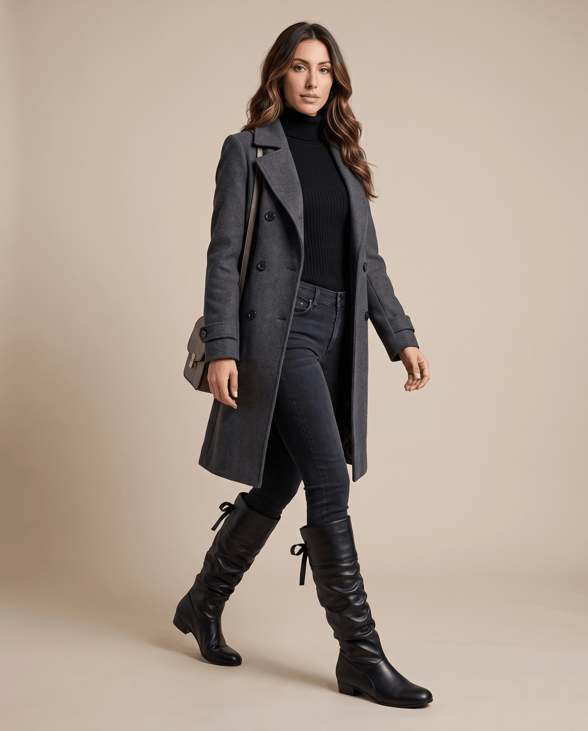 Woman in a charcoal coat and black turtleneck styled with black slouch boots