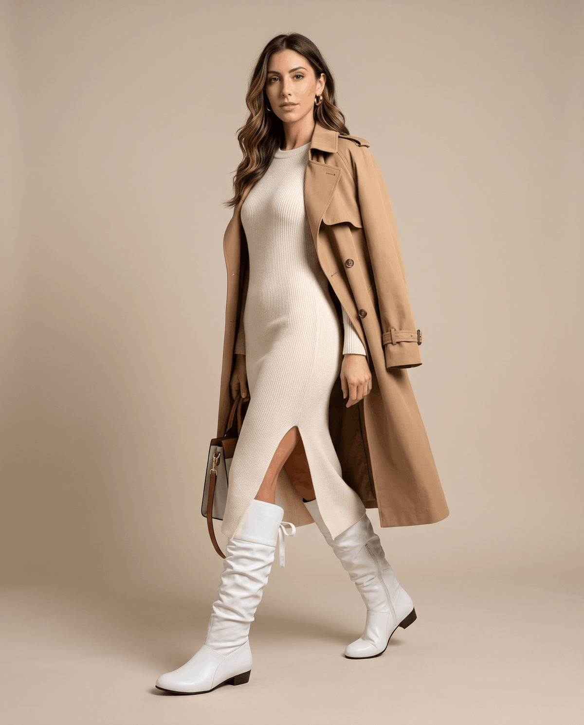 Woman in a camel trench coat and cream knit dress wearing white boots