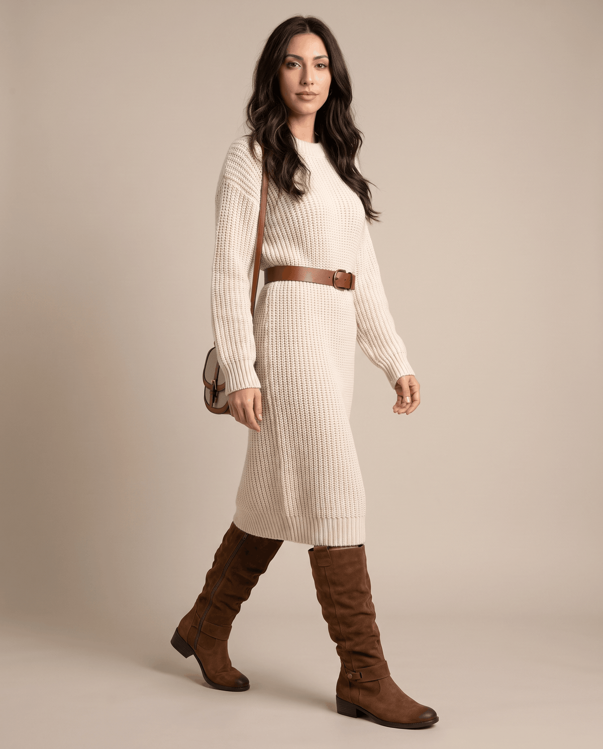 Woman in a cream knit sweater dress and brown belt wearing tall brown boots