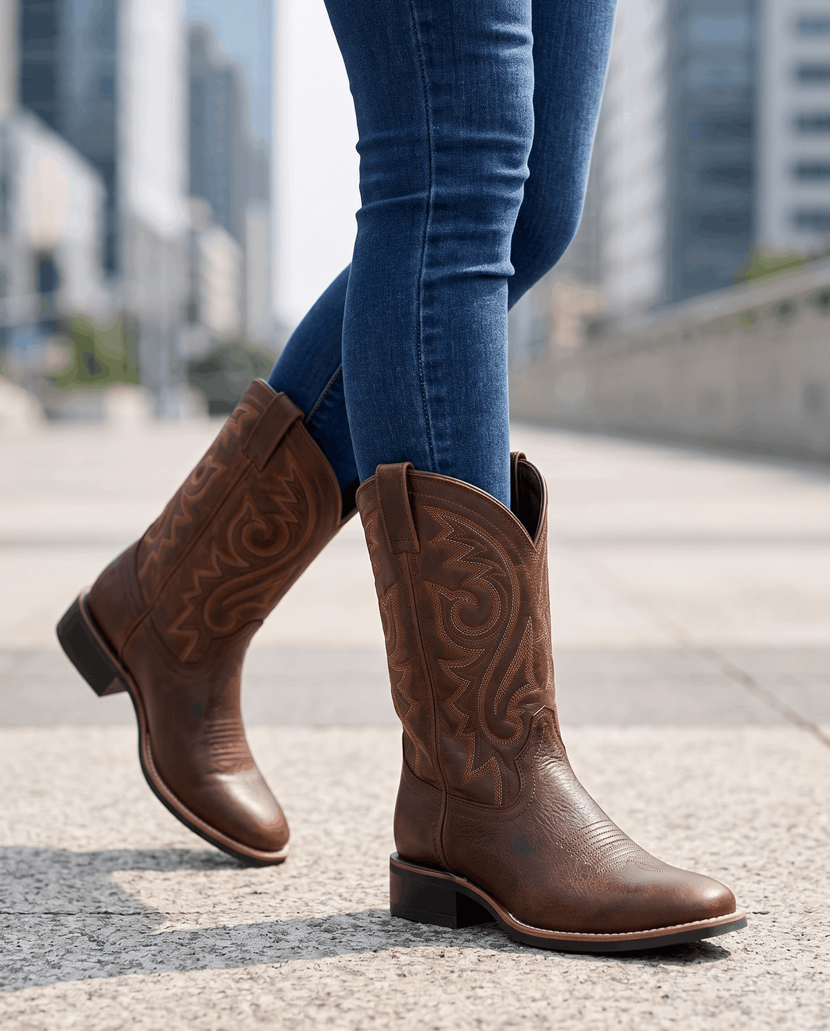 Brown square-toe boots worn walking on a city sidewalk with tucked blue jeans