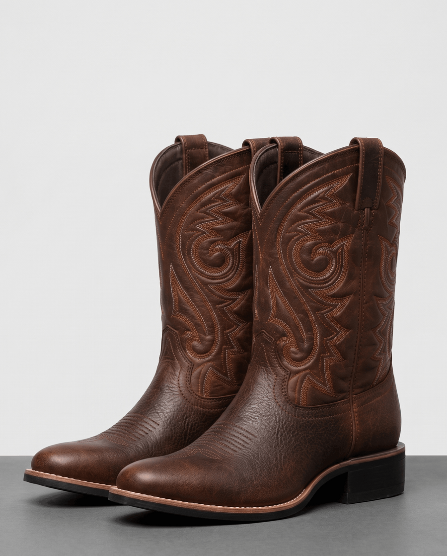 Square-Toe Leather Cowboy Boots – Mid-Calf, Embroidered & Stacked Heel | Hallie