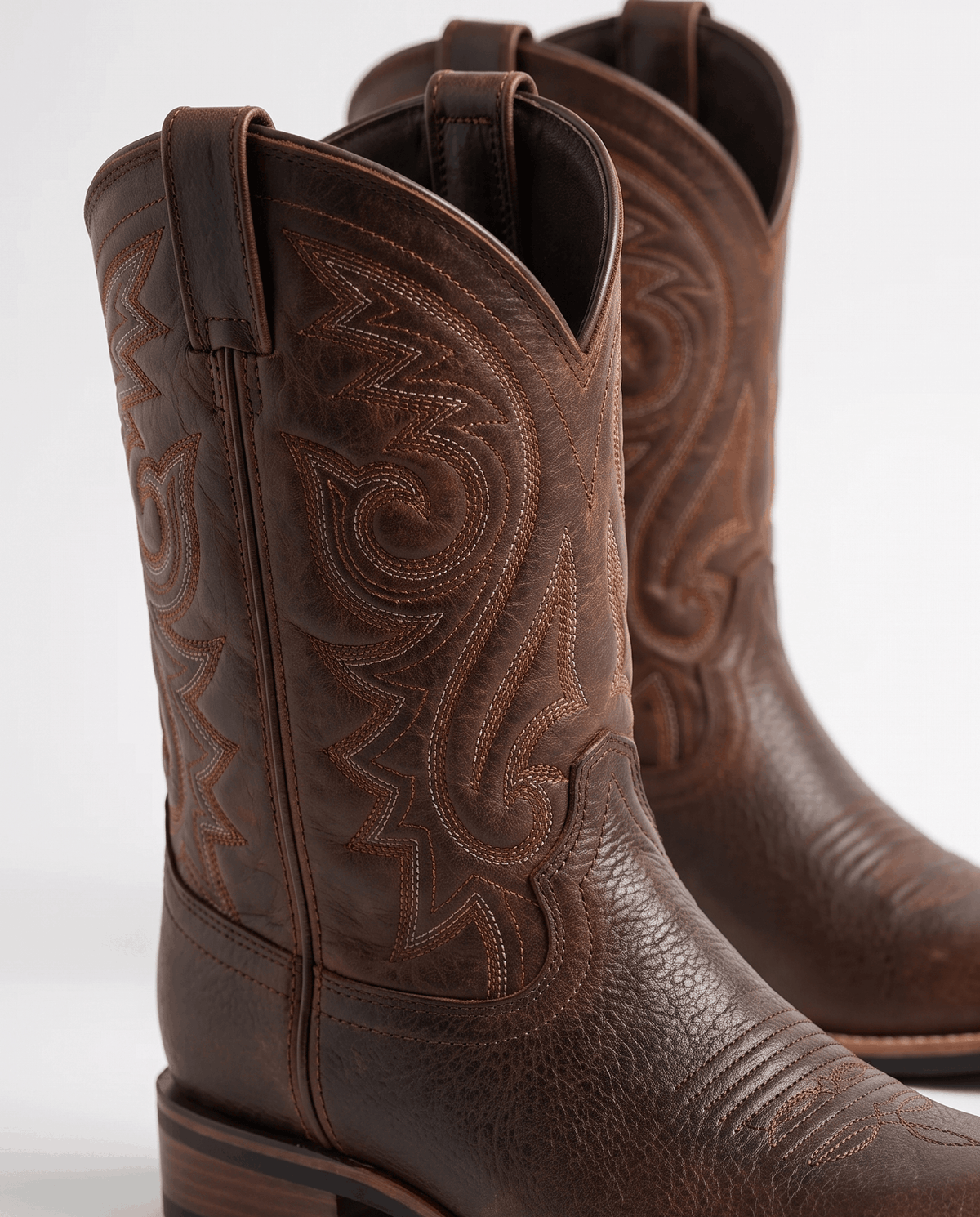 Close view of tonal scroll embroidery and pull tabs on brown boot shafts