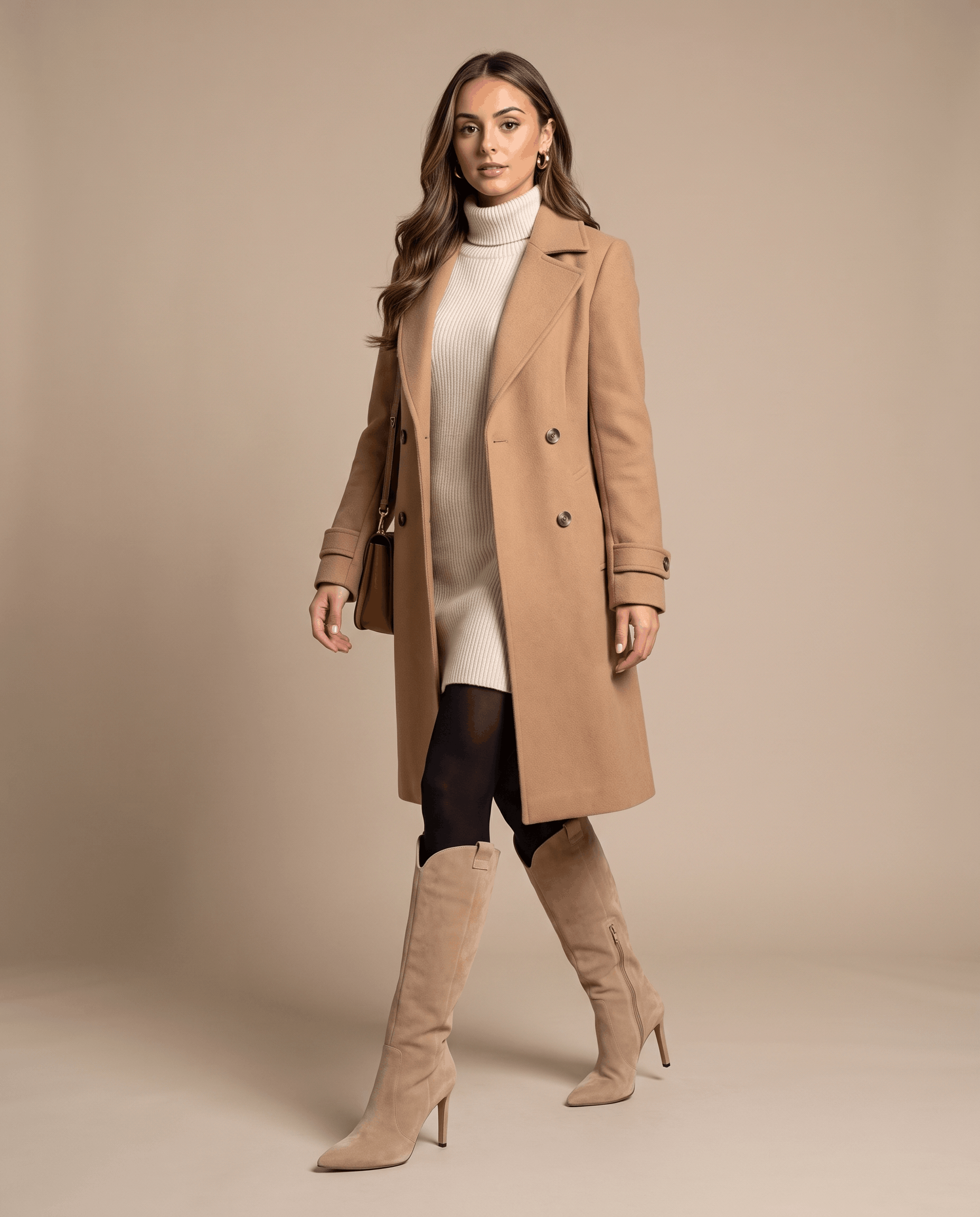 Beige suede knee-high boots with a pointed toe, slim stiletto heel, and close-cut shaft worn with a camel coat.