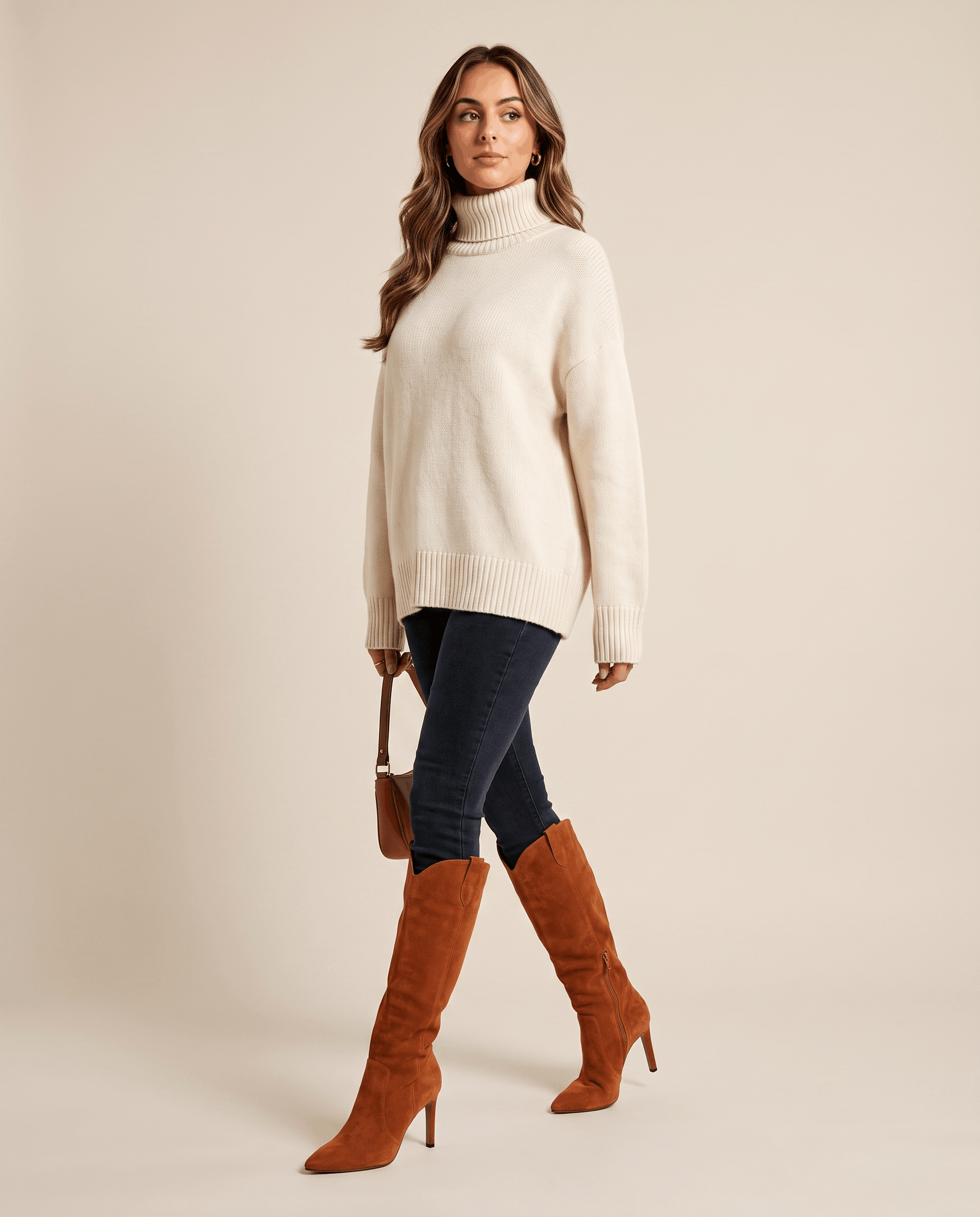 Camel suede knee-high boots with a pointed toe, slim stiletto heel, and close-fit shaft worn with dark denim jeans.
