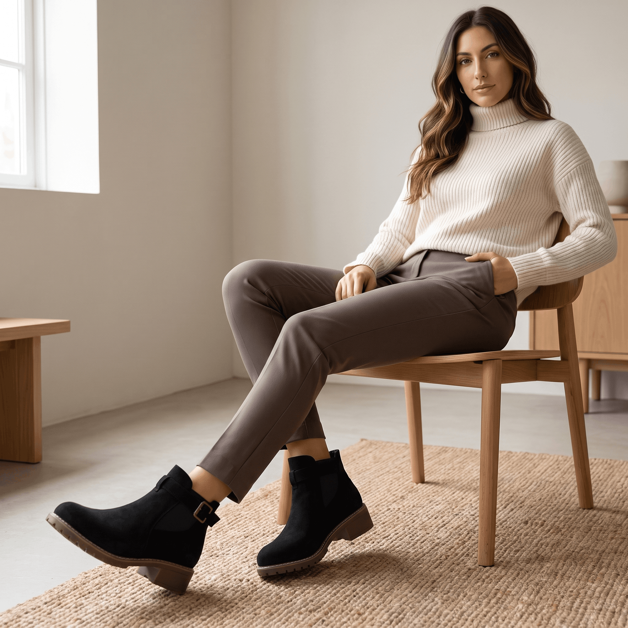 Woman seated on a chair wearing black suede ankle boots.