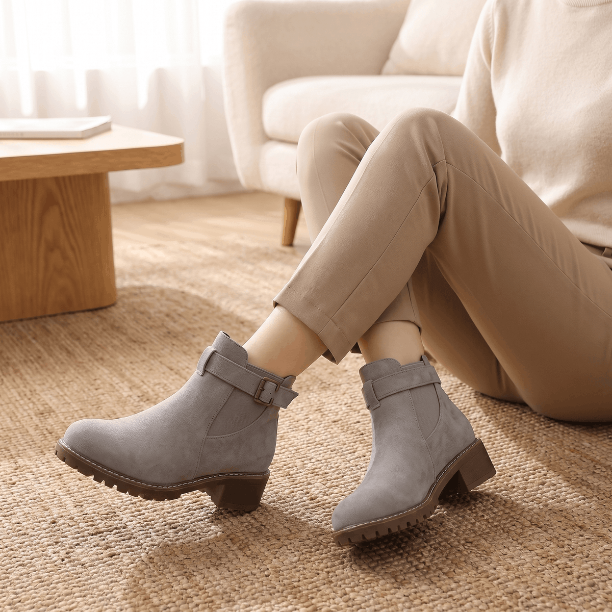 Woman seated wearing light gray suede ankle boots with beige trousers.