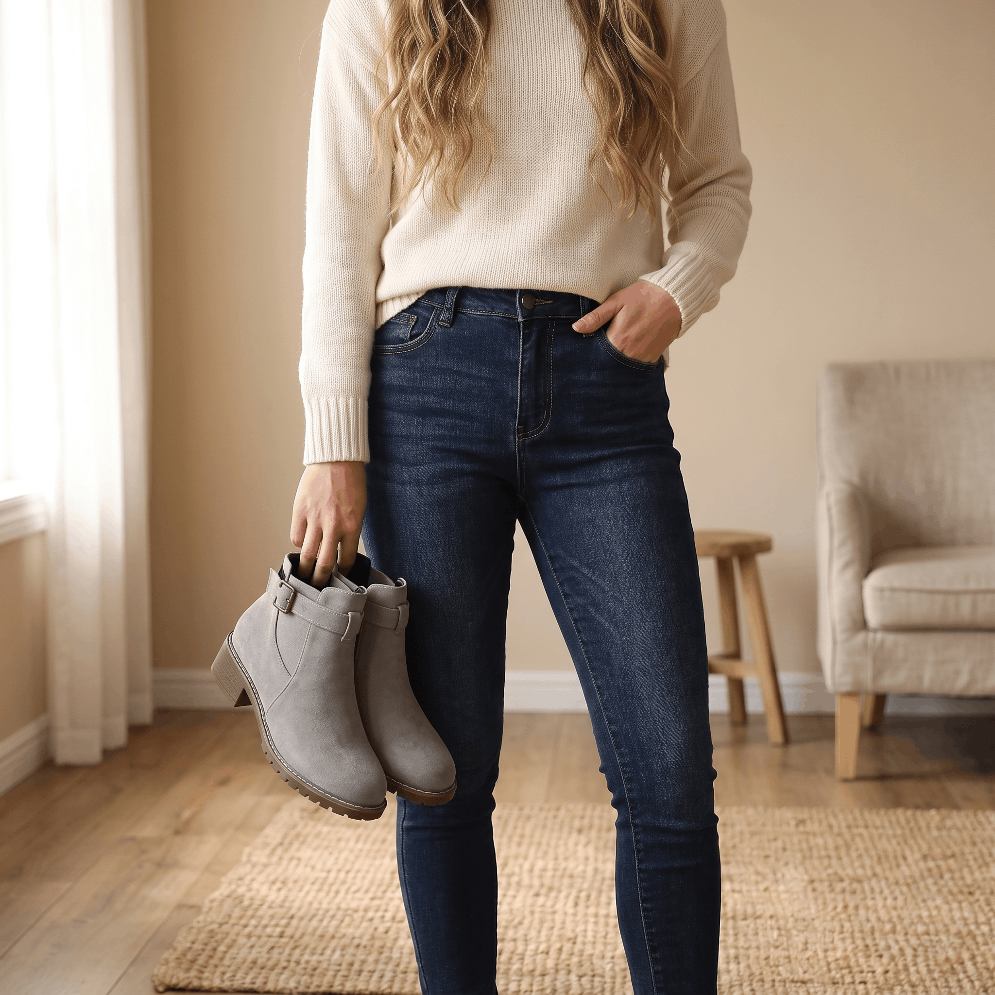 Woman standing indoors holding light gray suede ankle boots.