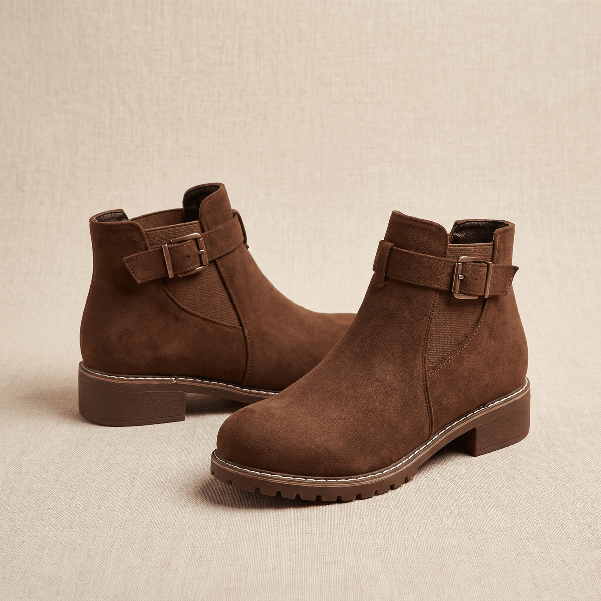 Pair of dark brown suede ankle boots with buckle details on a neutral background.