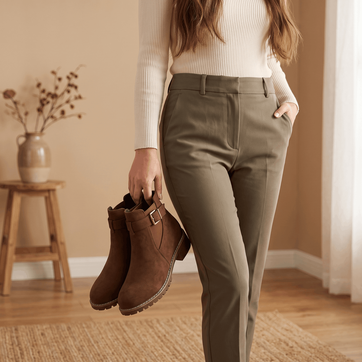 Woman standing indoors holding a pair of dark brown suede ankle boots.