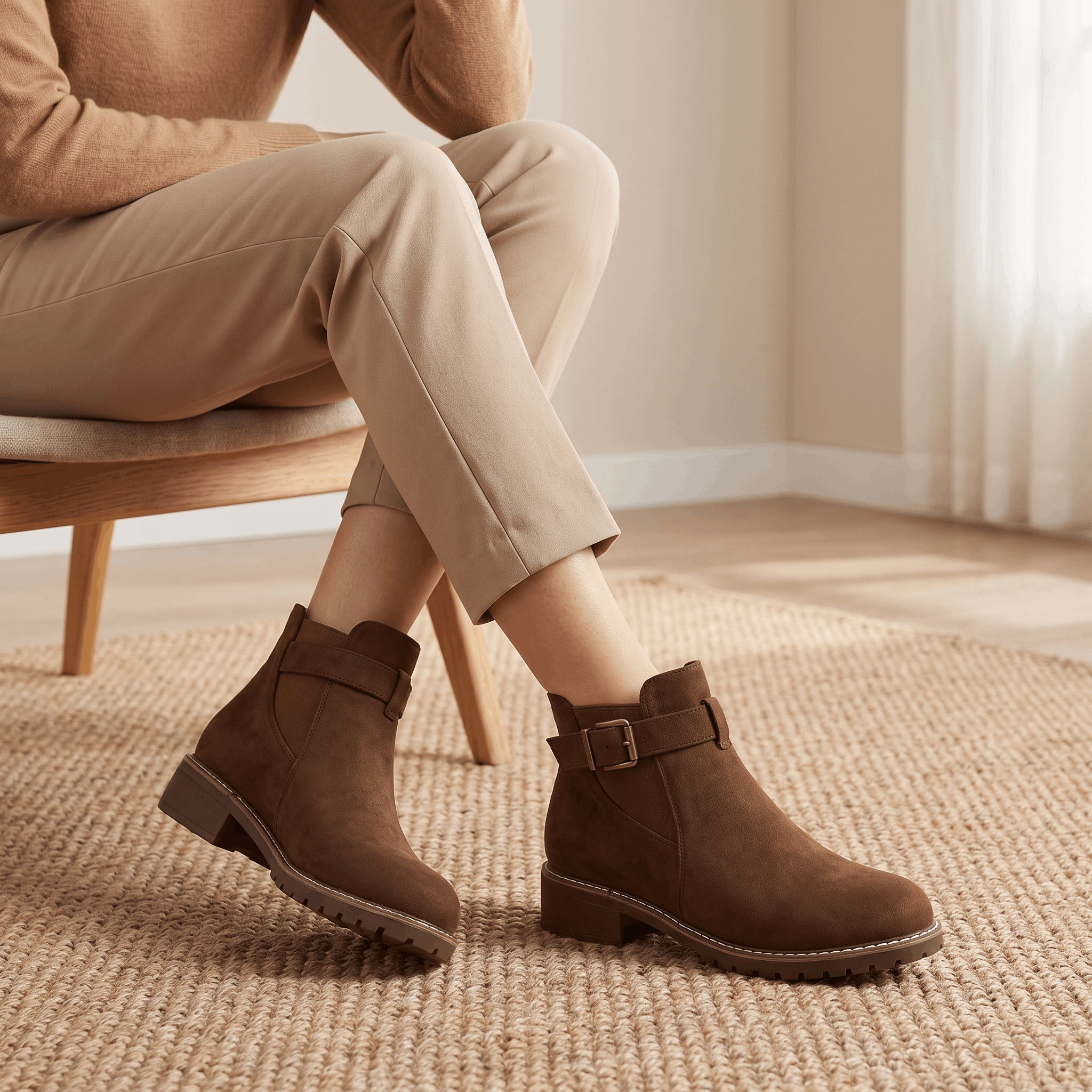 Close-up of dark brown suede ankle boots worn with light-colored trousers.