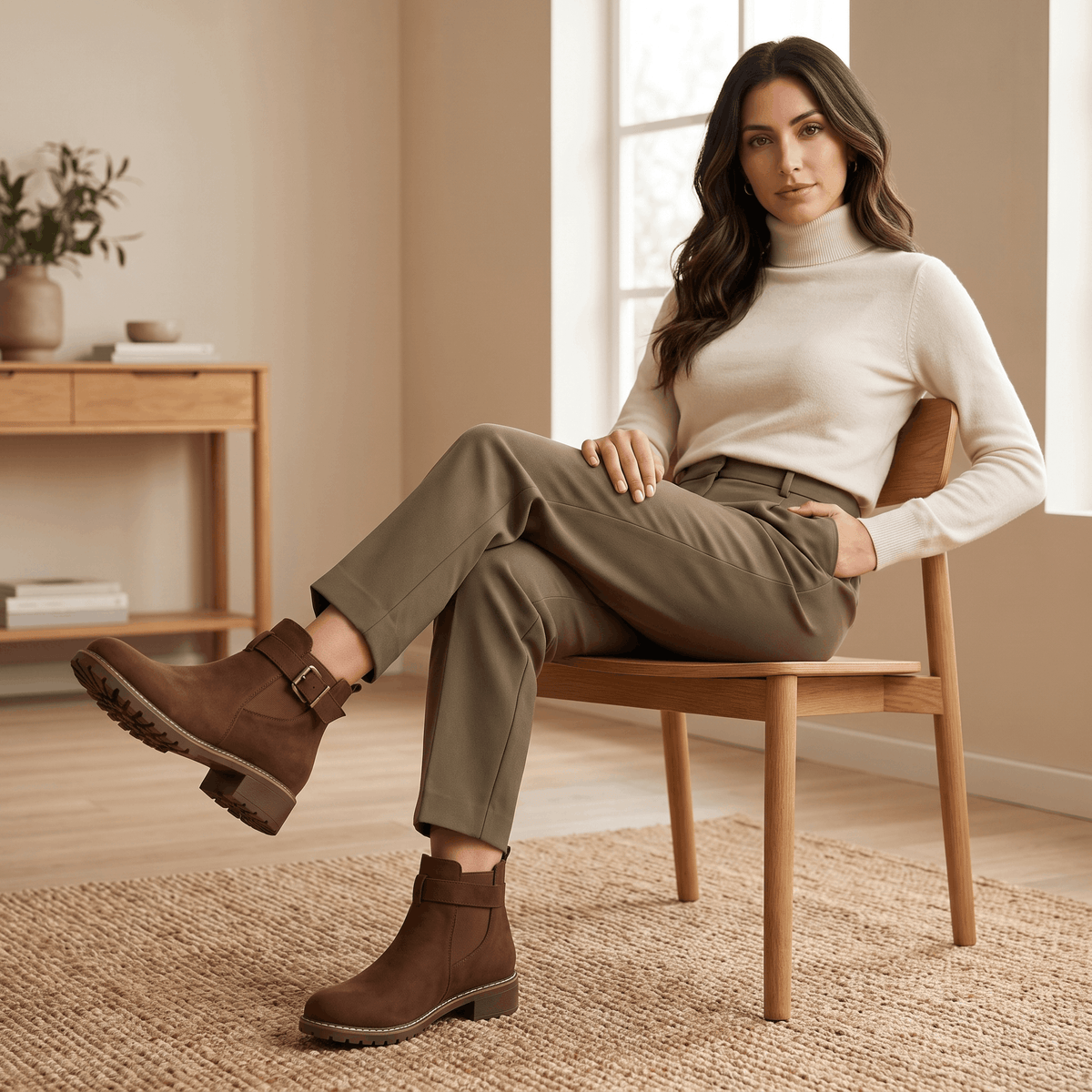 Woman seated on a chair wearing dark brown suede ankle boots.