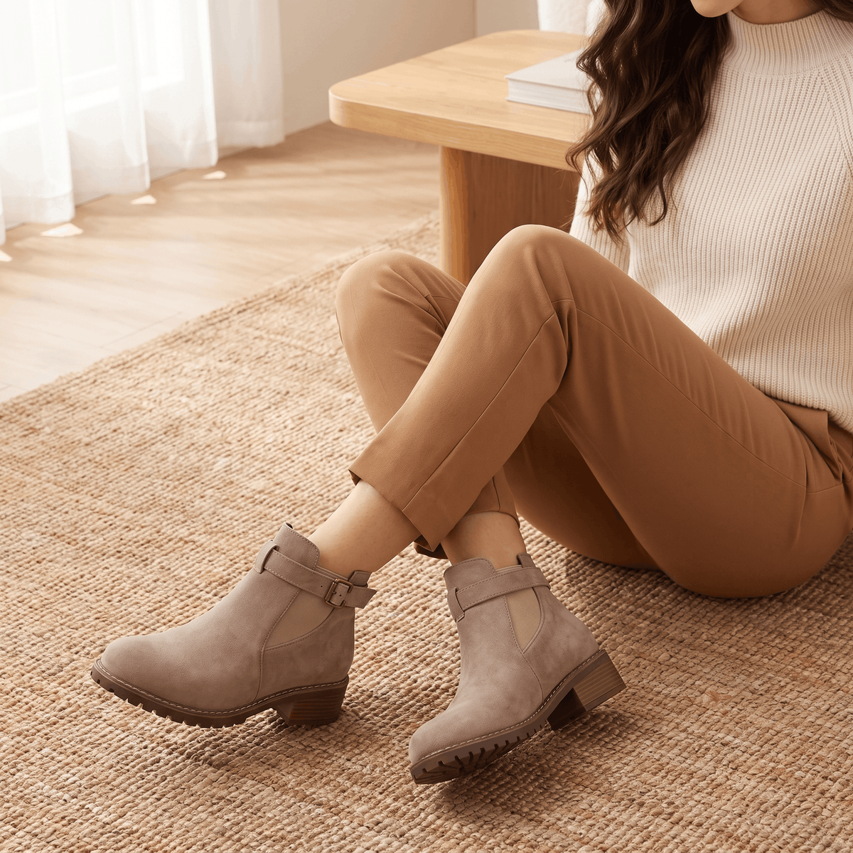 Woman seated on the floor wearing light beige suede ankle boots.