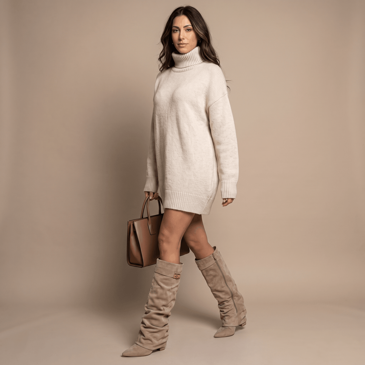 Woman wearing taupe suede knee-high boots with a white dress.