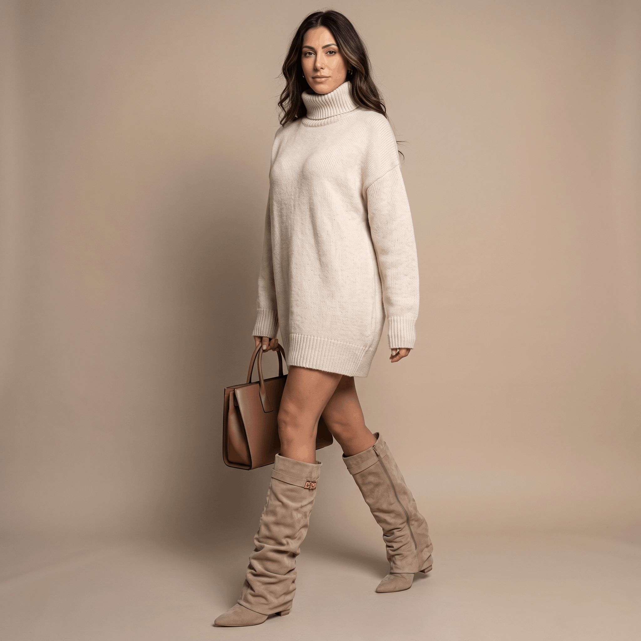 Woman wearing taupe suede knee-high boots with a white dress.