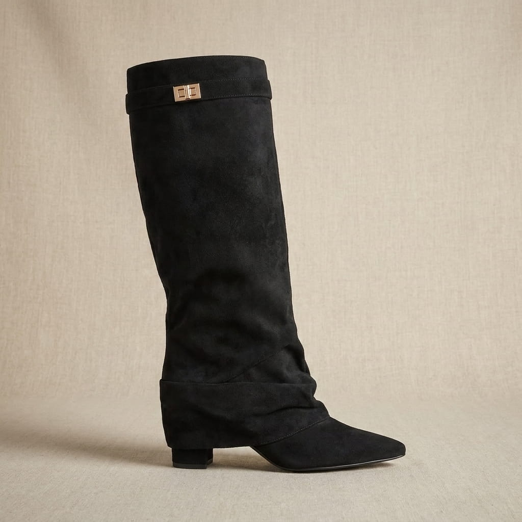 Black suede knee-high boots with a fold-over shaft and low block heels.