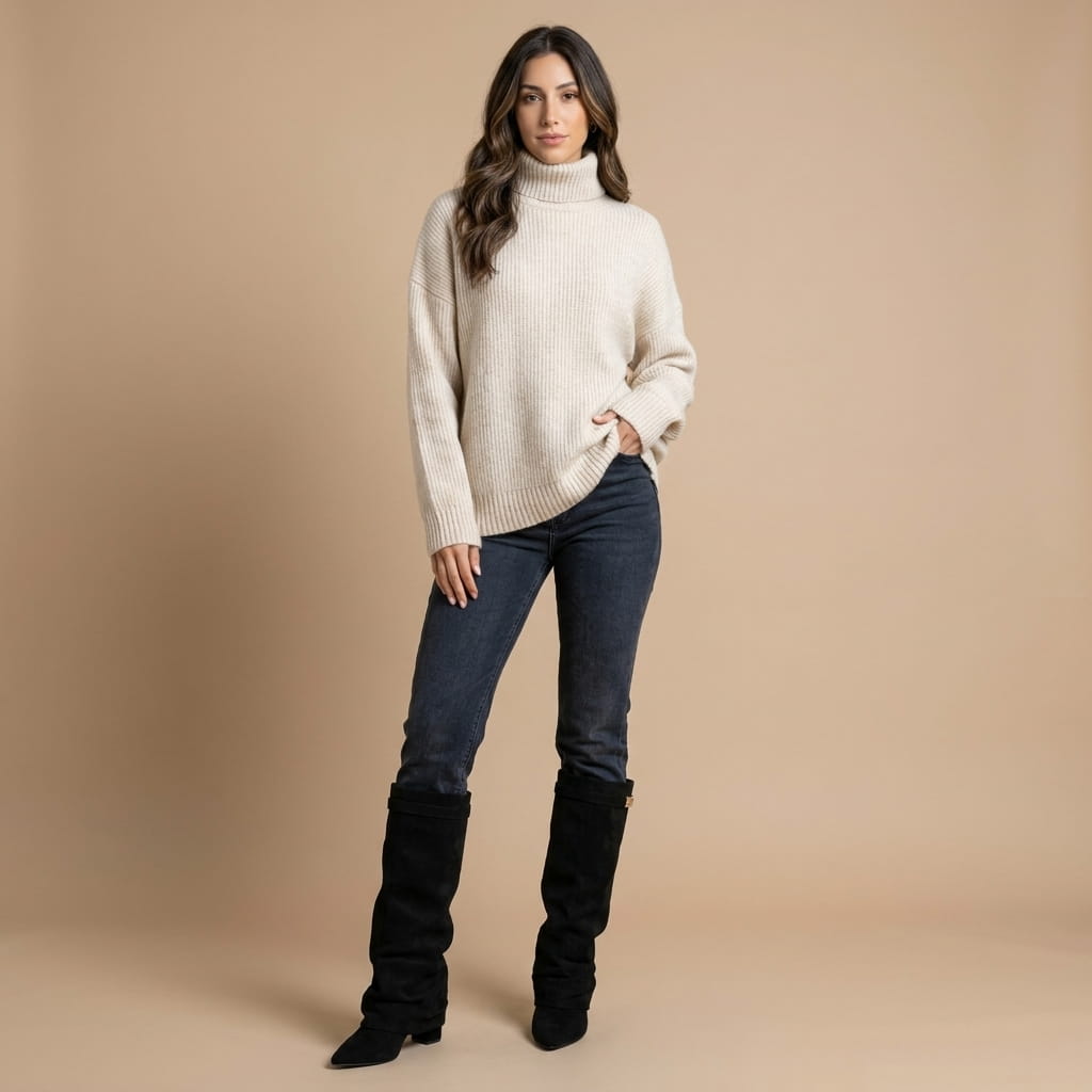 Woman wearing black suede knee-high boots with a white sweater and blue jeans.