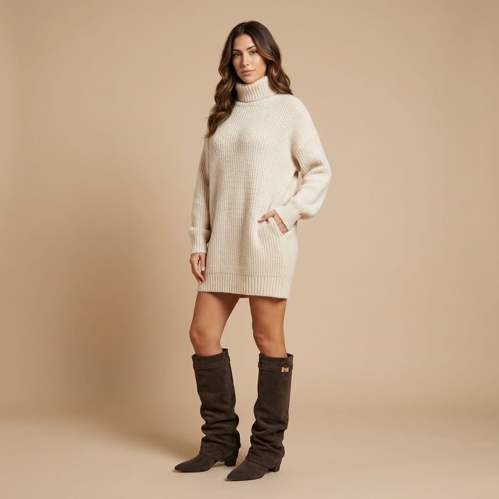 Woman wearing dark brown suede fold-over knee-high boots with a gathered shaft.