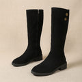 Black knee-high boots with low block heels and gold button details.