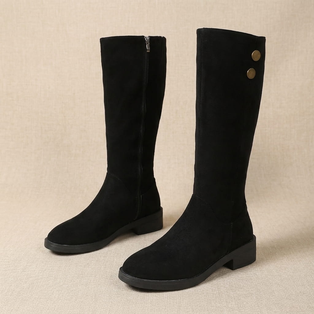 Black knee-high boots with low block heels and gold button details.