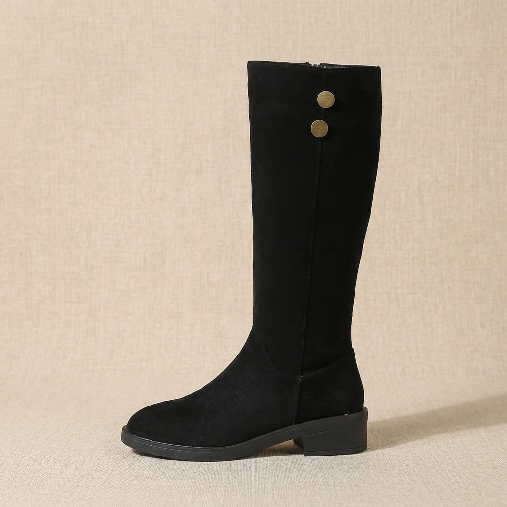 Single black knee-high boot with gold button accents shown on a neutral background.