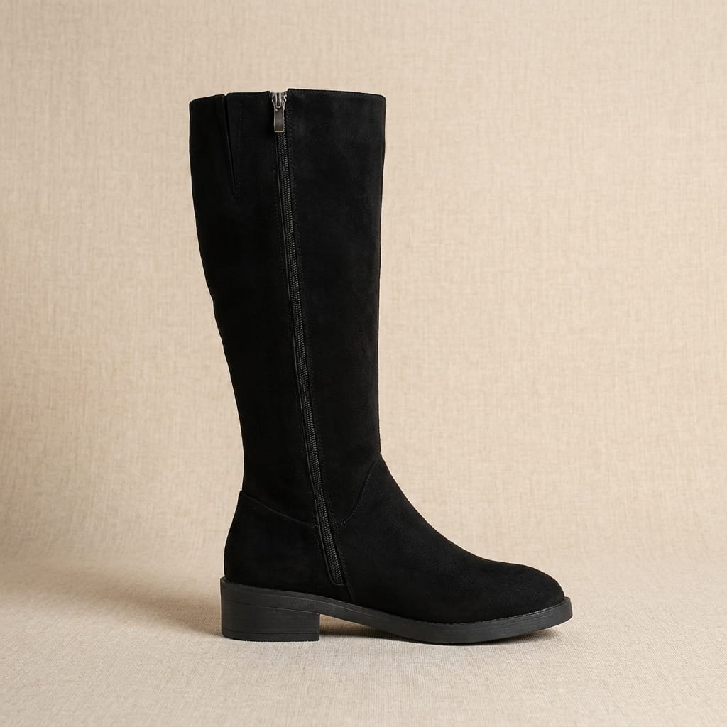 Pair of black knee-high boots with low block heels displayed on a beige background.