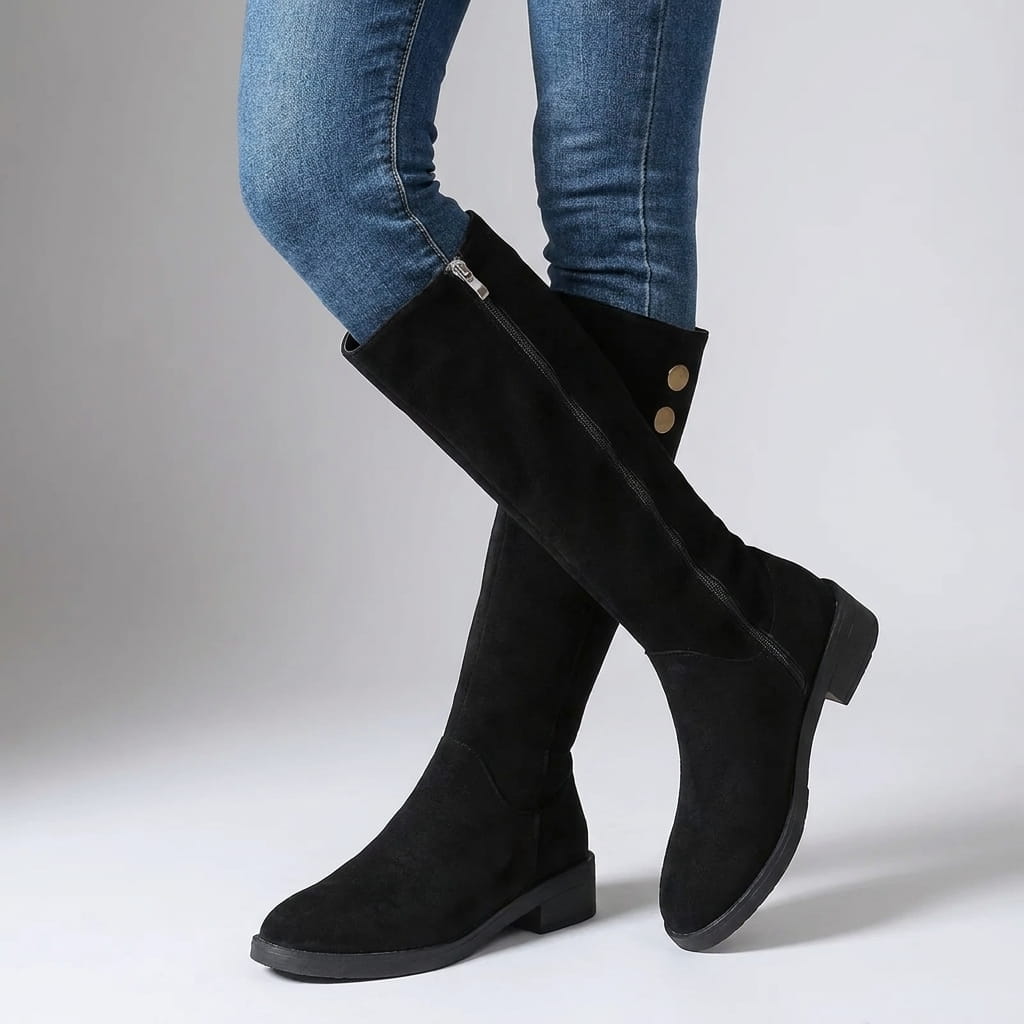 Woman wearing black knee-high boots with blue jeans.