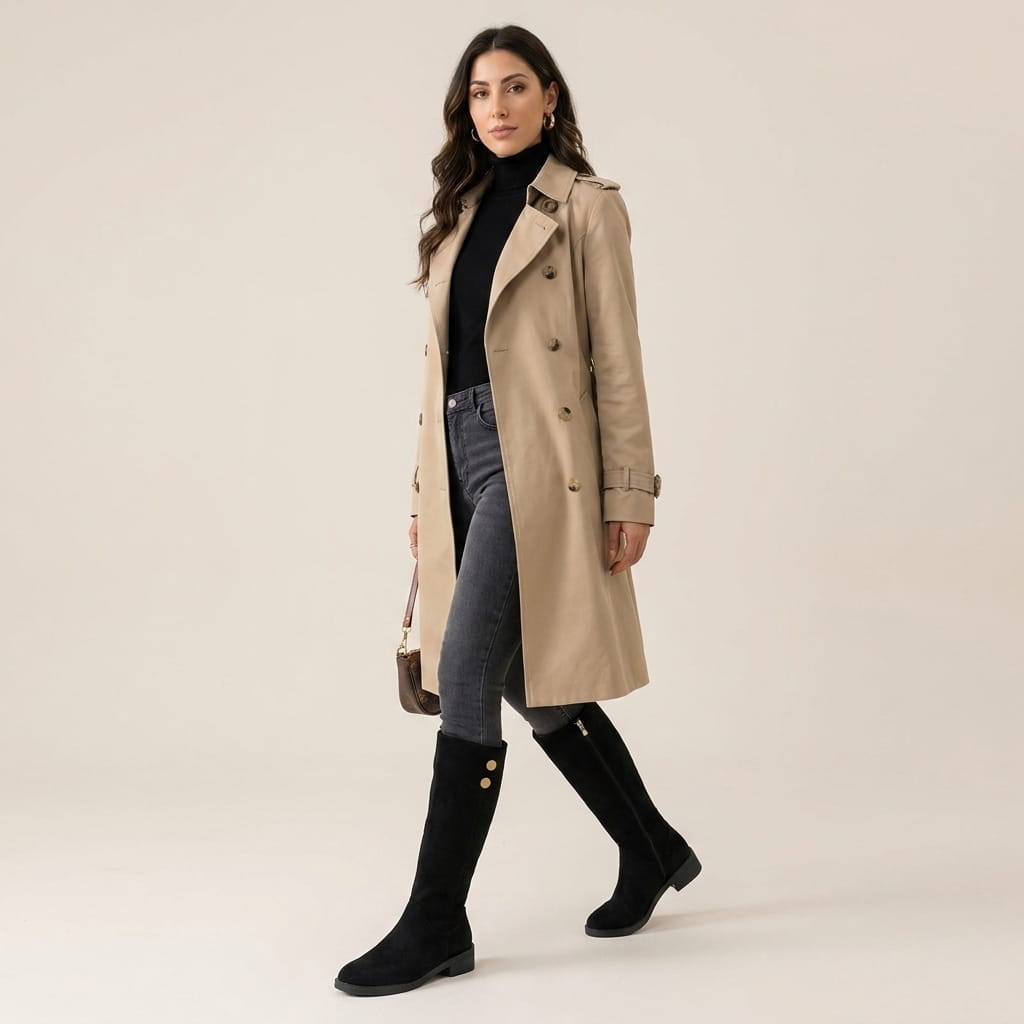 Woman wearing black knee-high boots with a beige coat.