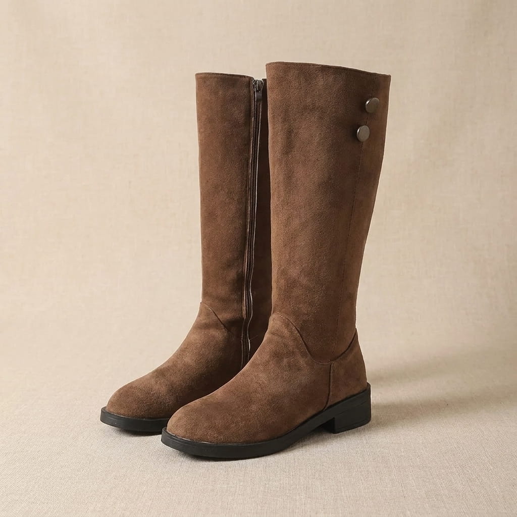 Pair of brown suede knee-high boots with block heels displayed on a neutral background.