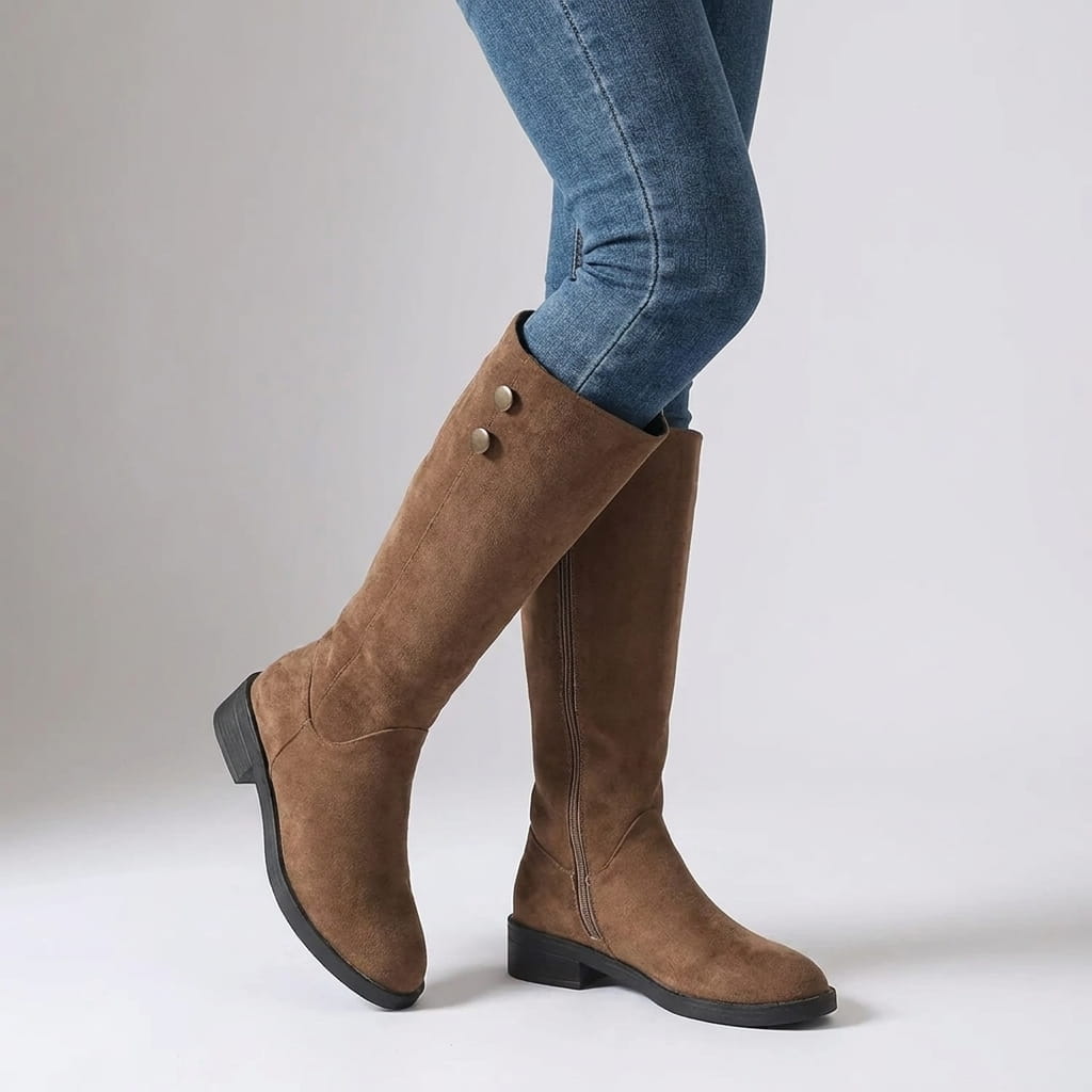 Woman wearing brown suede knee-high boots with blue jeans.