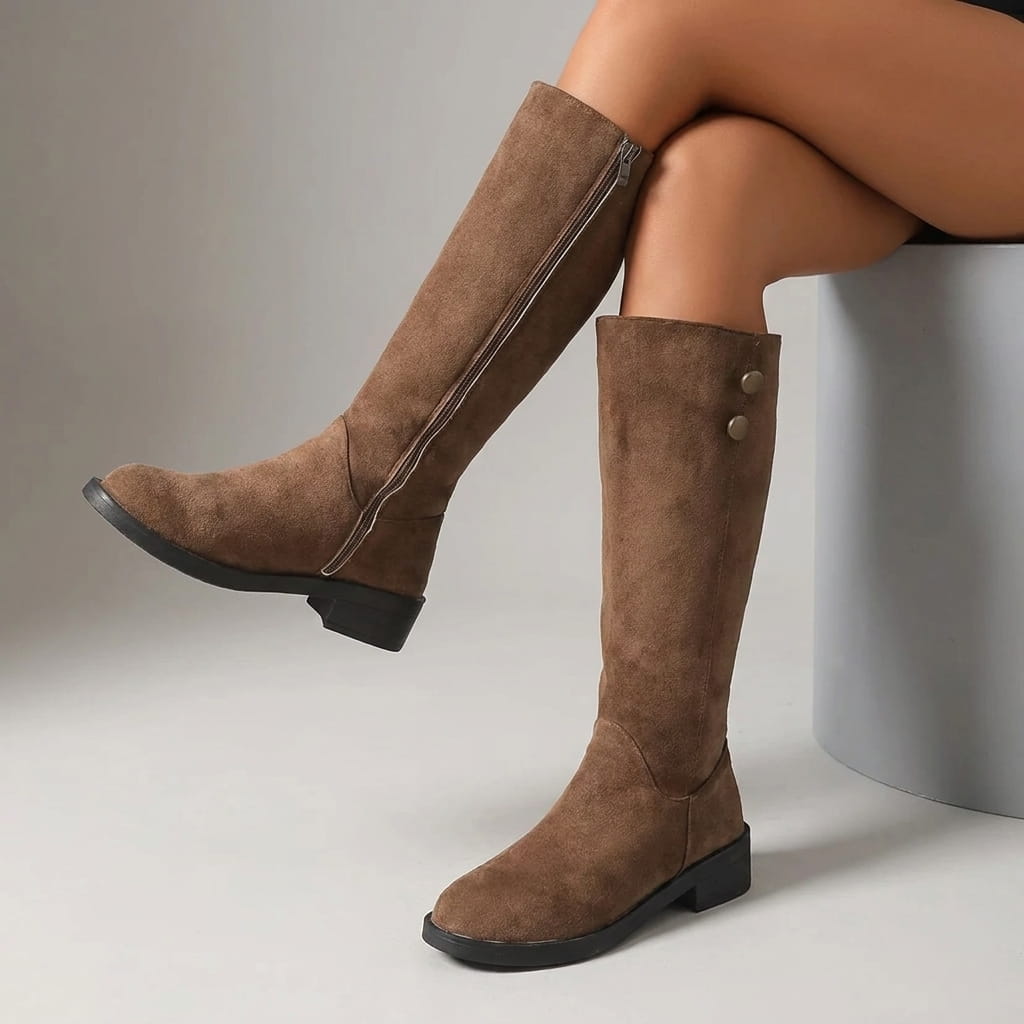 Woman wearing brown knee-high boots while seated.
