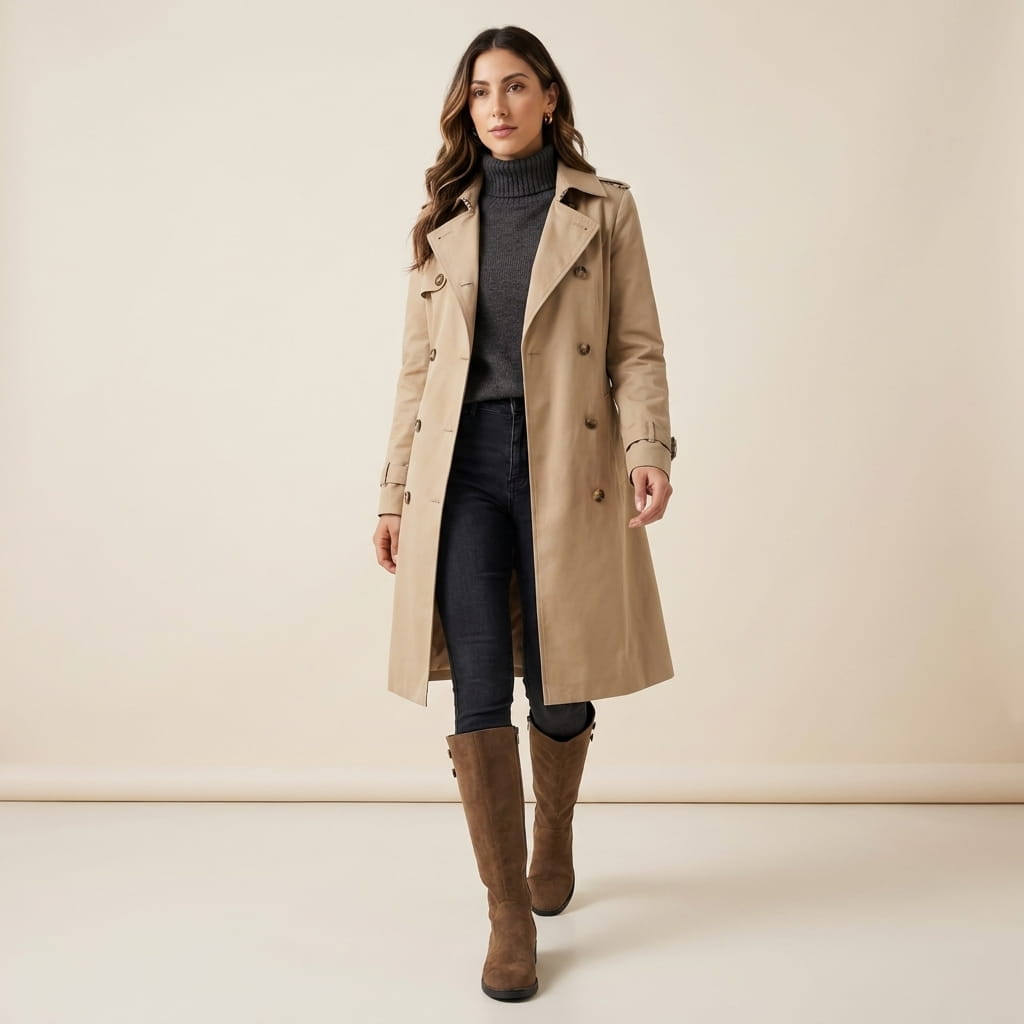 Woman wearing brown knee-high boots with a beige coat.