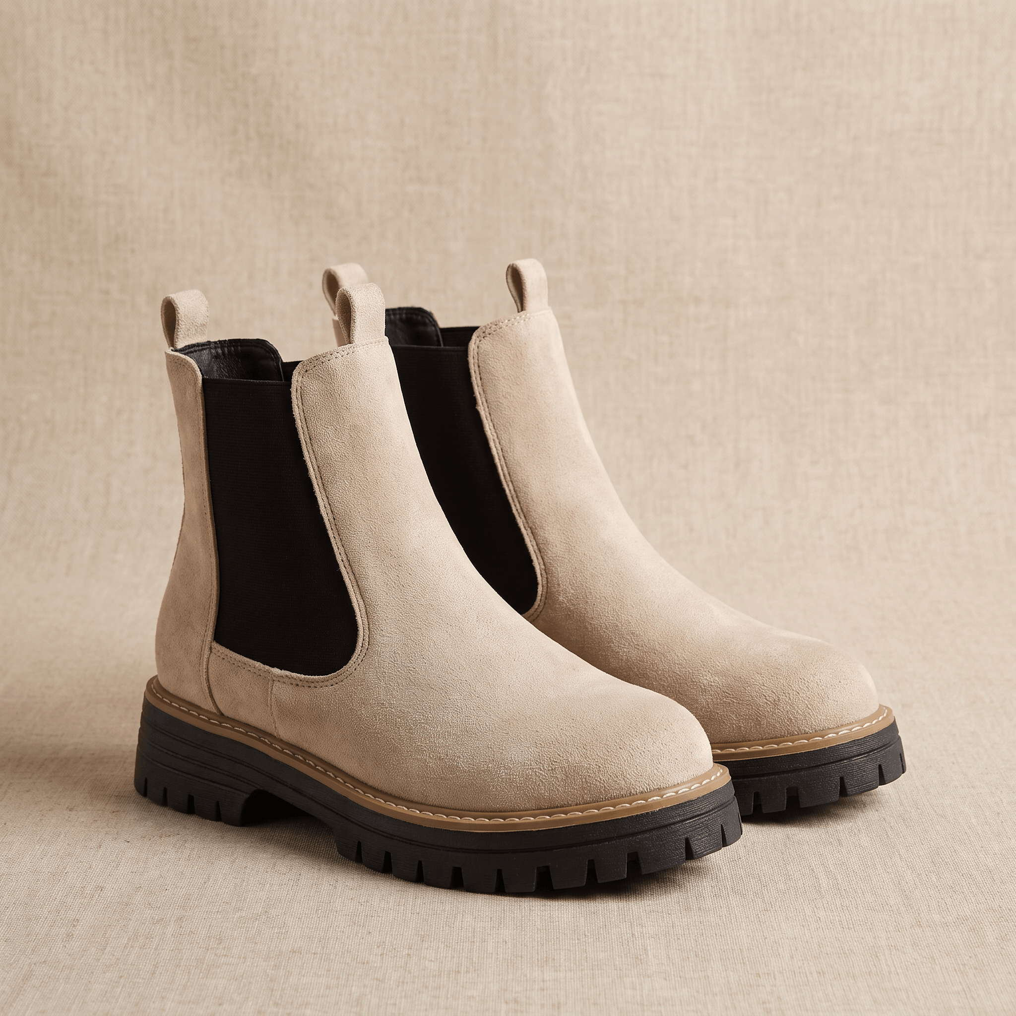 Pair of beige suede Chelsea ankle boots with black elastic panels on a neutral background.