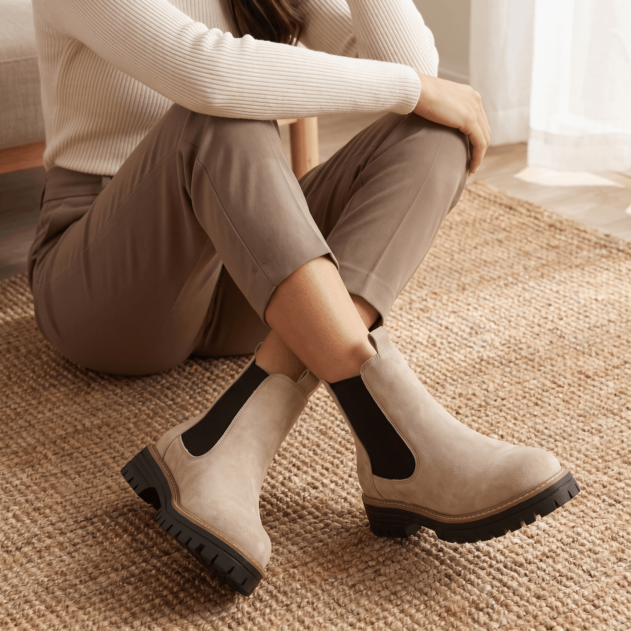 Woman seated on a rug wearing beige suede Chelsea ankle boots.