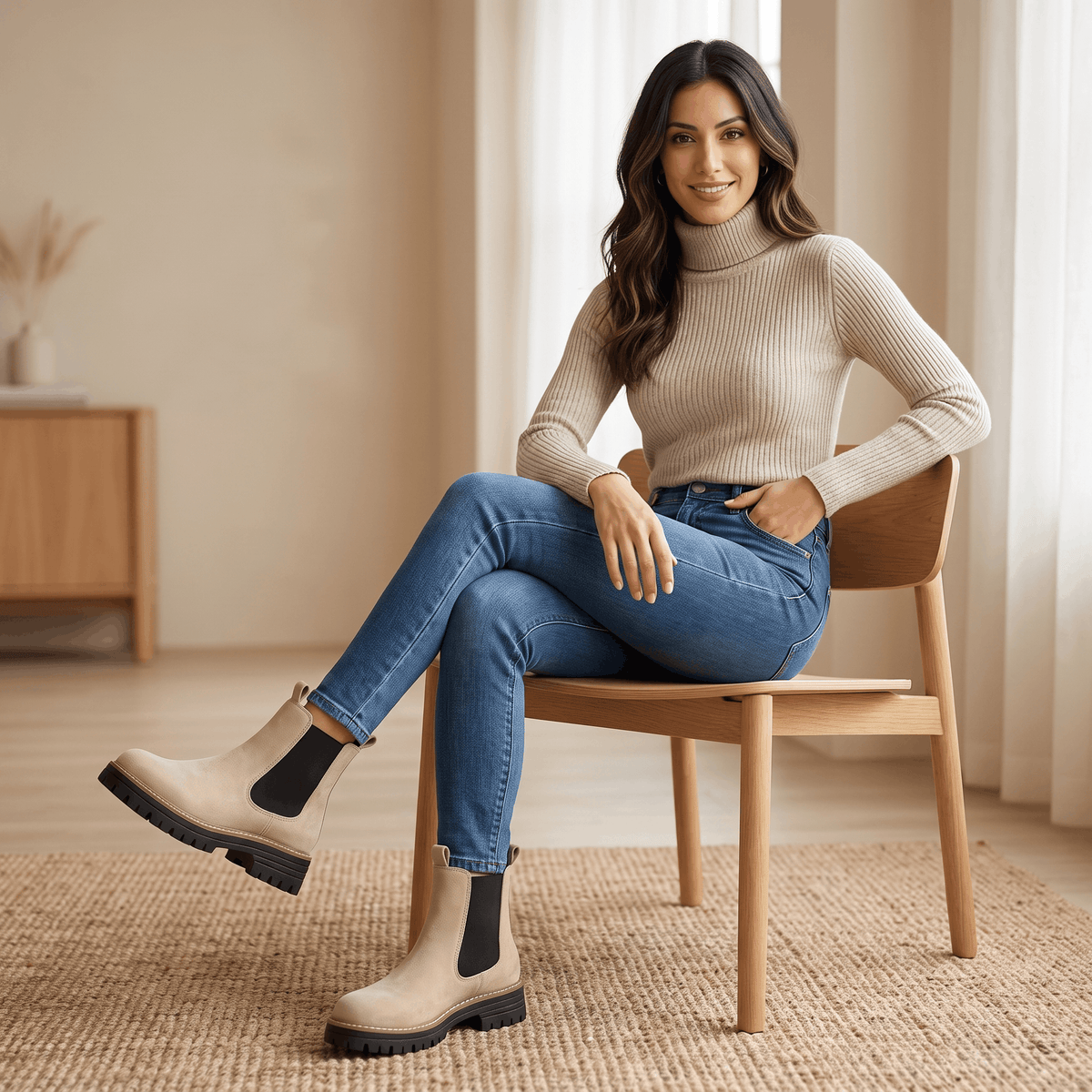 Woman seated on a chair wearing beige suede Chelsea ankle boots with blue jeans.