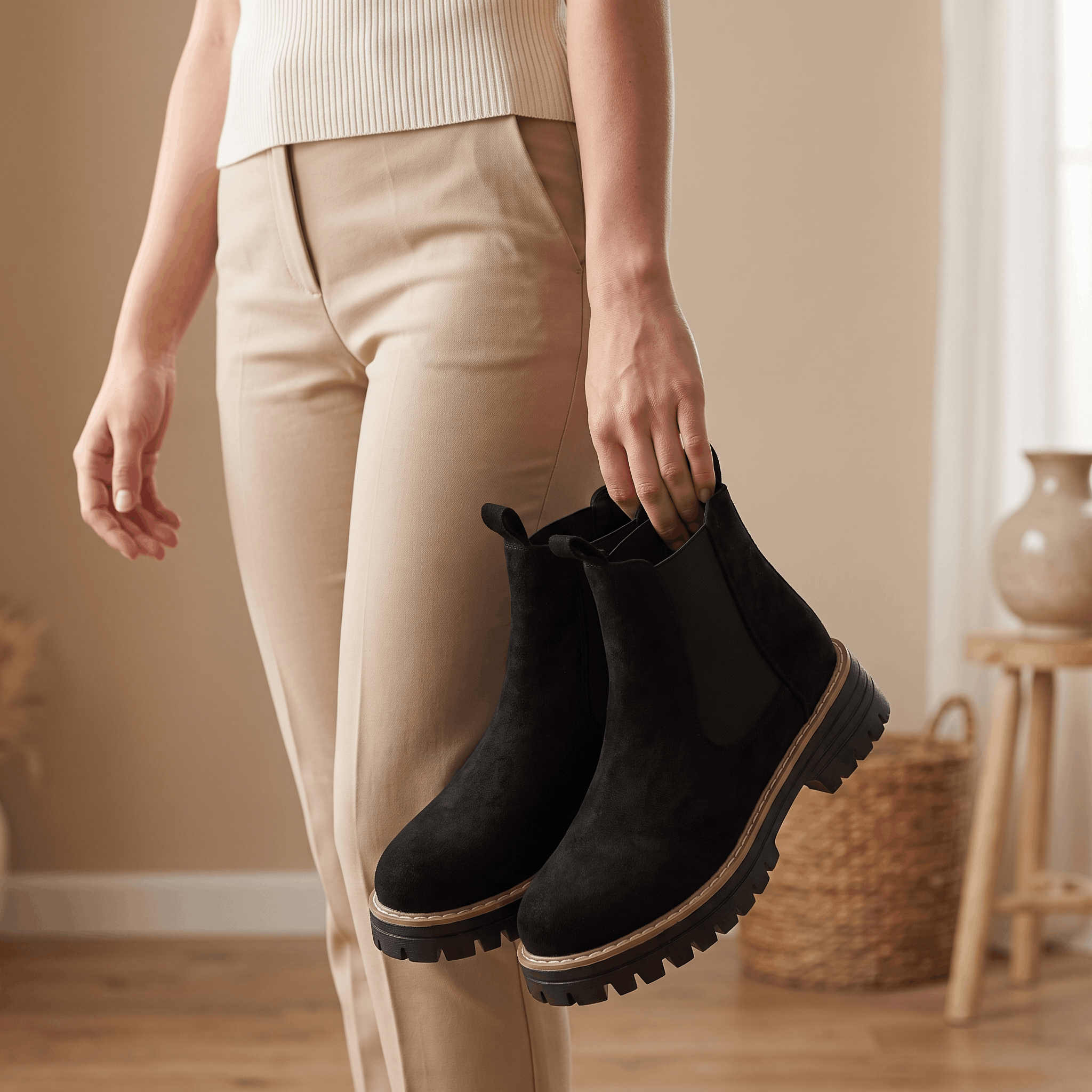 Woman holding a pair of black suede Chelsea ankle boots while standing indoors.