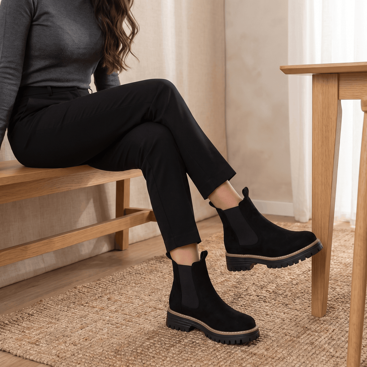 Person seated wearing black suede Chelsea ankle boots with black trousers.