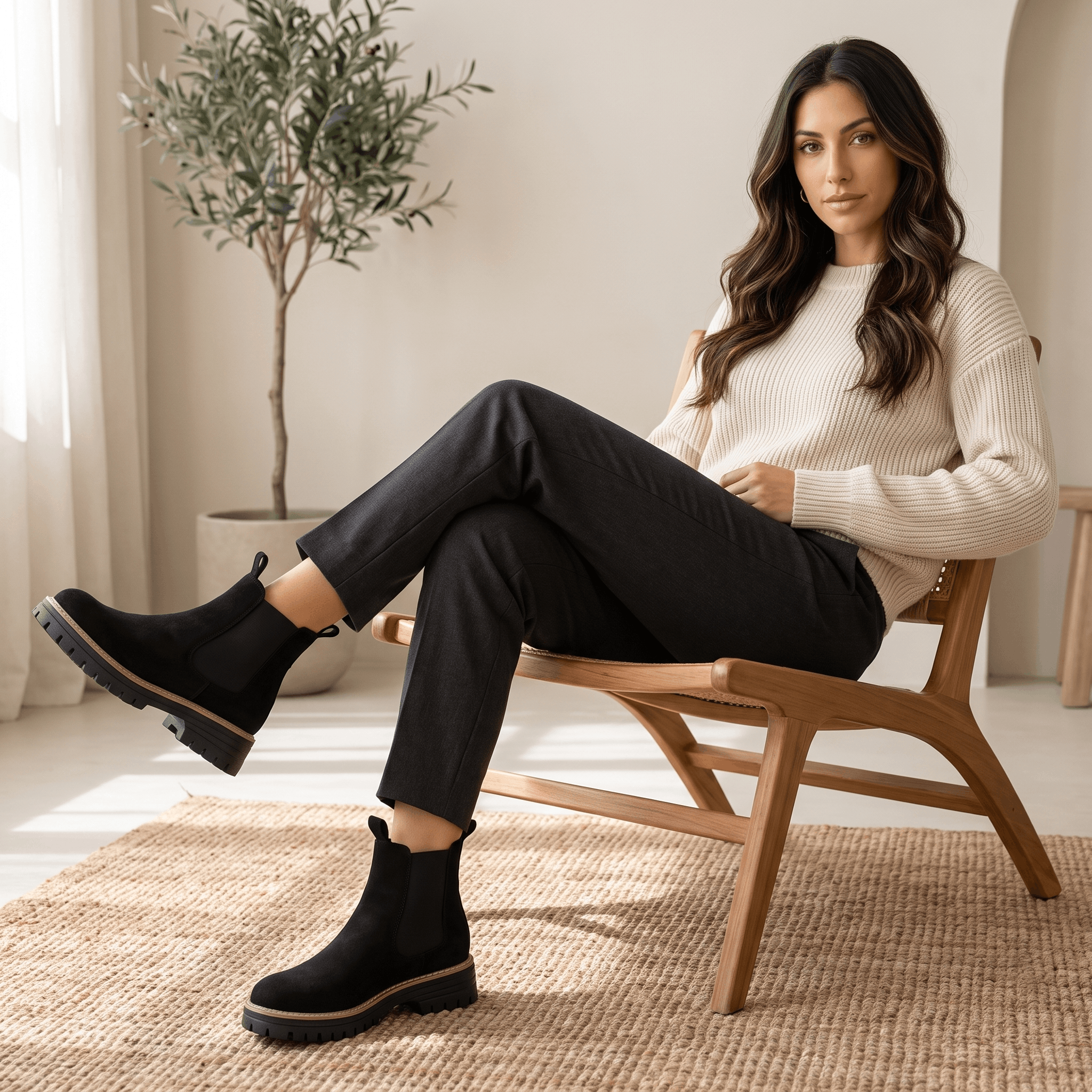 Woman seated on a chair wearing black suede Chelsea ankle boots.