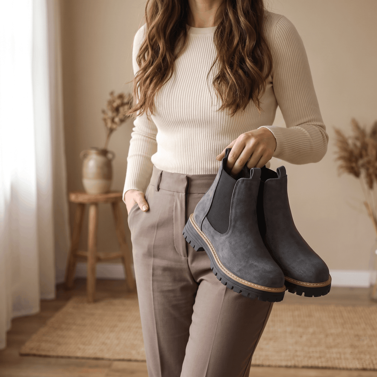 Woman standing indoors holding a pair of gray suede Chelsea ankle boots.
