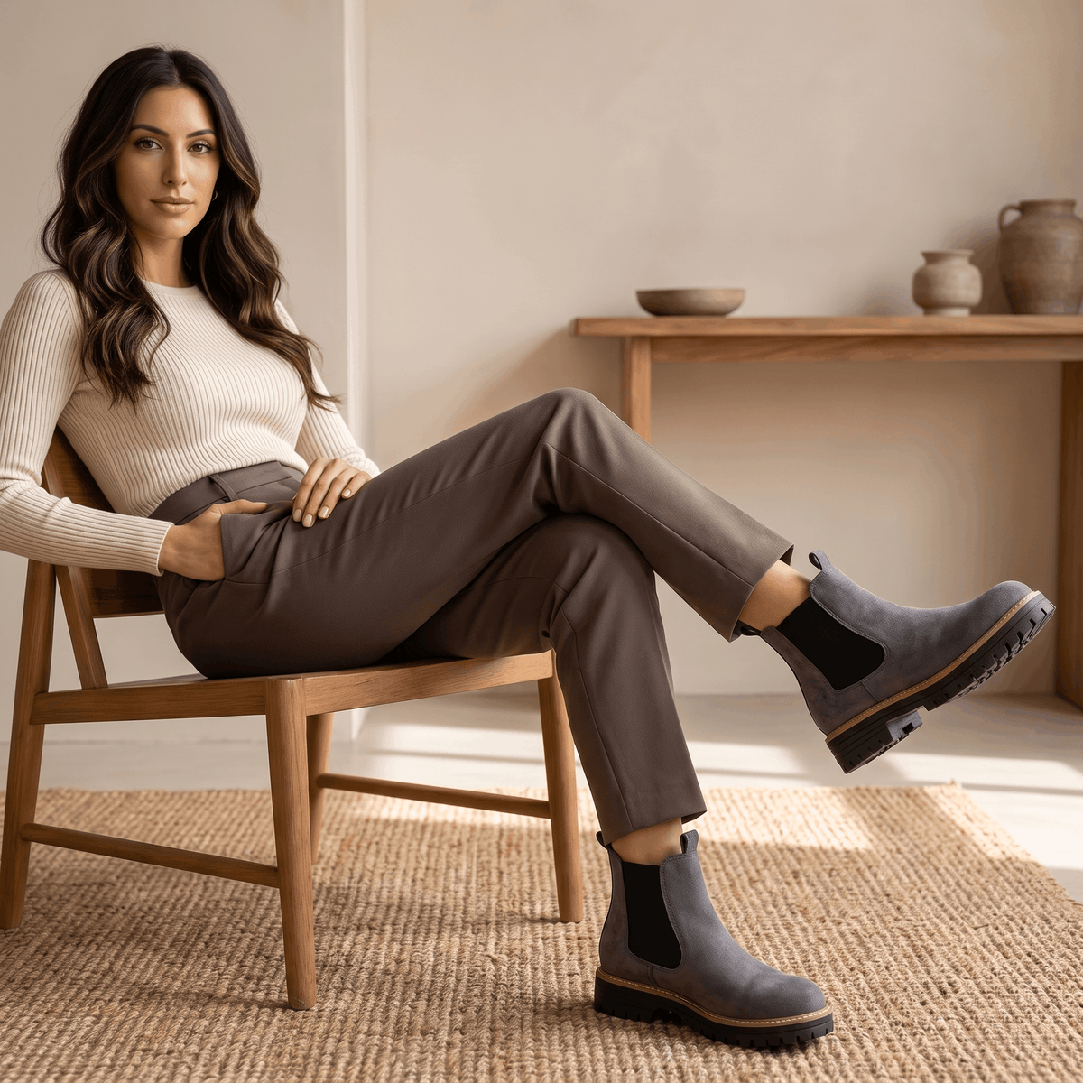 Woman seated on a chair wearing gray Chelsea ankle boots.