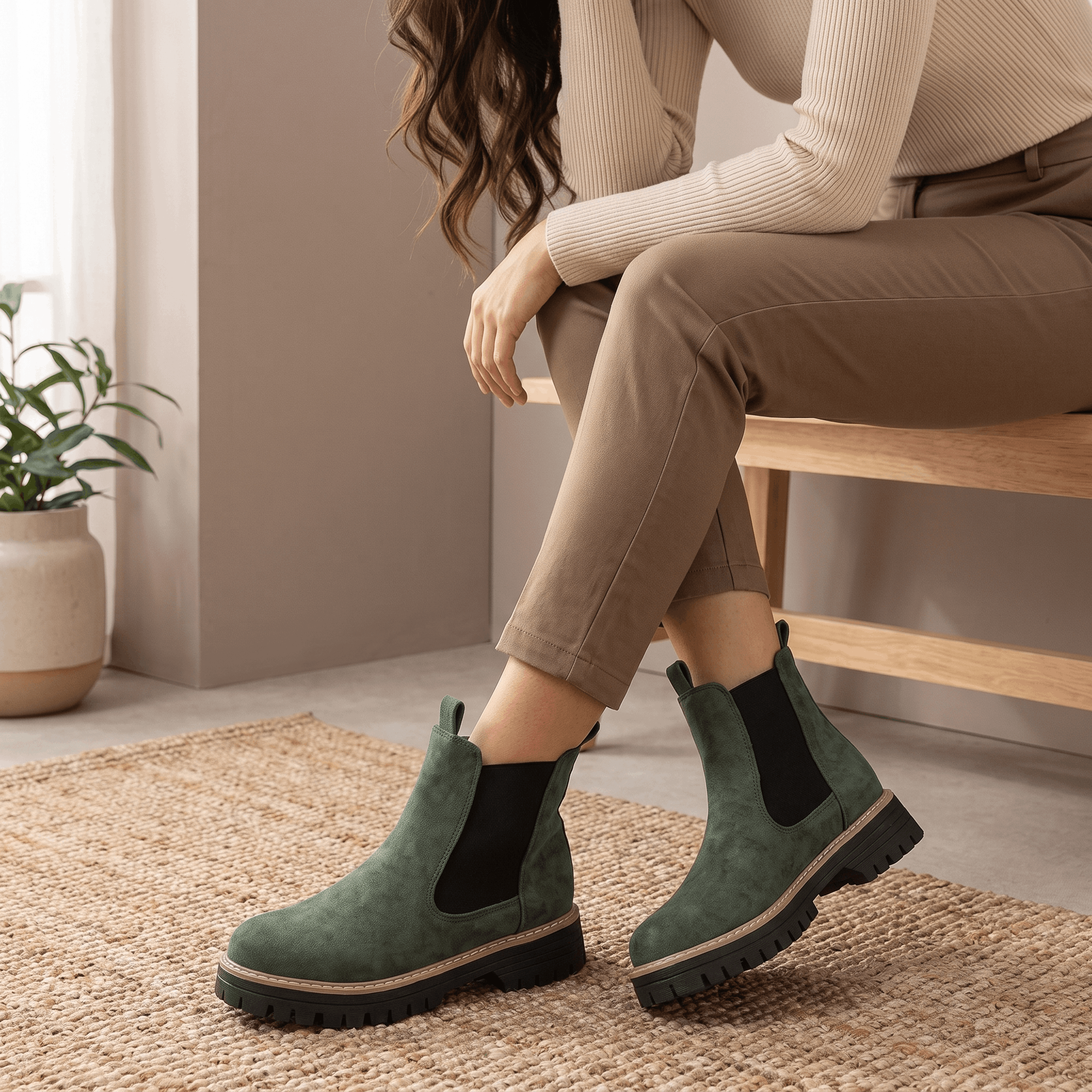 Woman seated wearing green suede Chelsea ankle boots with beige trousers.