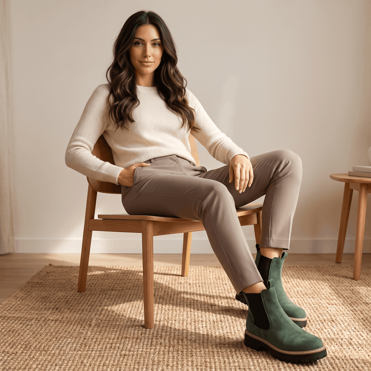 Woman seated on a chair wearing green suede Chelsea ankle boots.