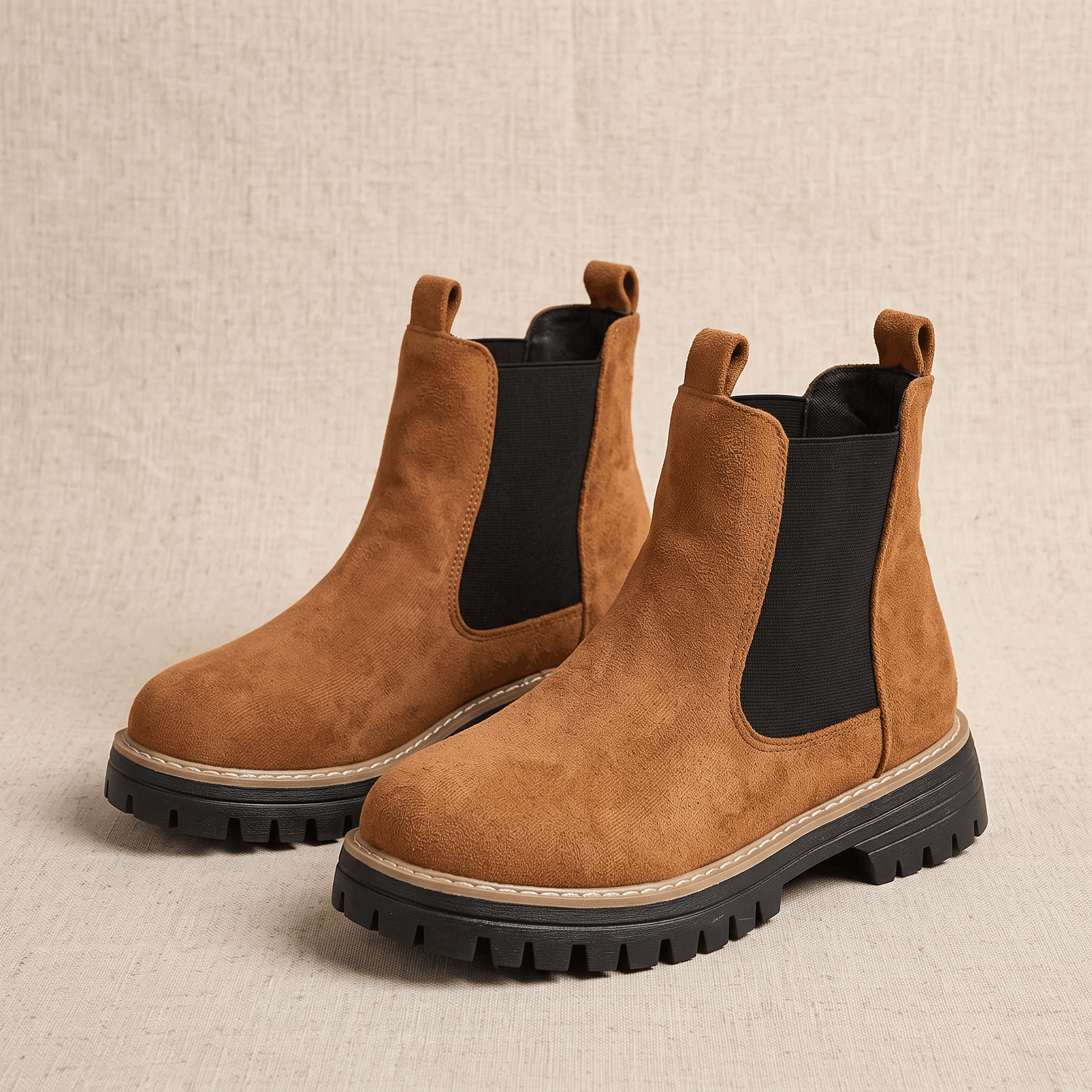 Pair of brown suede Chelsea ankle boots with lug soles on a neutral background.
