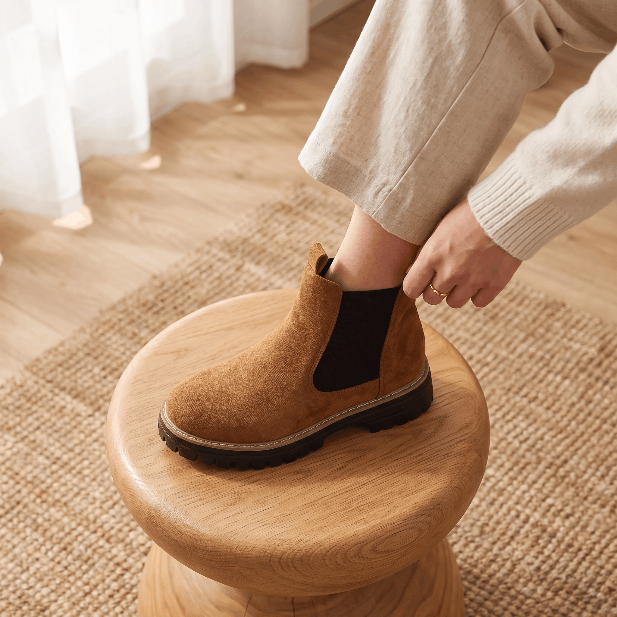 Close-up of brown suede Chelsea ankle boots being worn indoors.