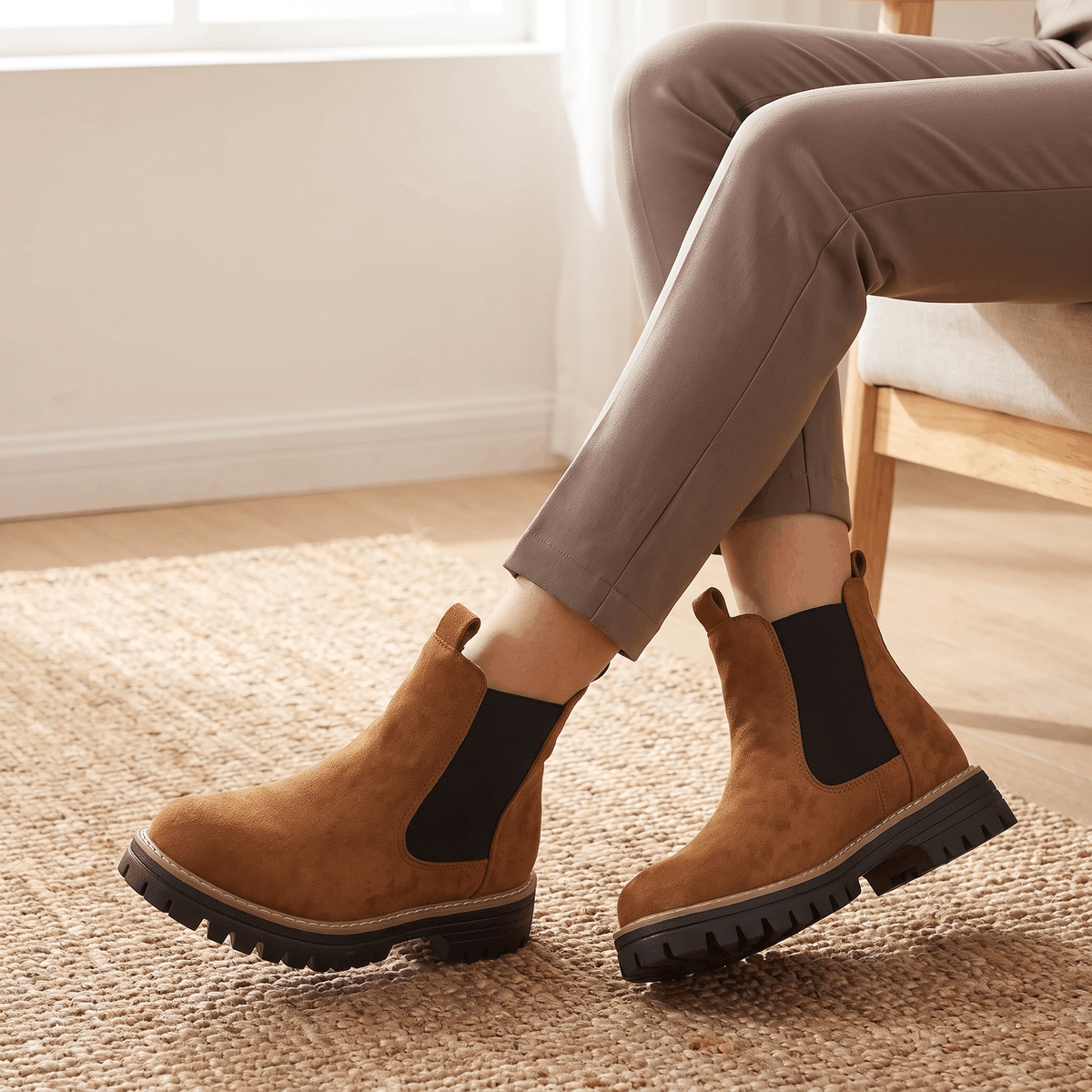Brown suede Chelsea ankle boots worn with beige trousers in a cozy room.