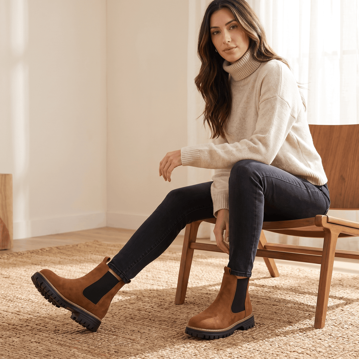 Woman seated wearing brown suede Chelsea ankle boots.