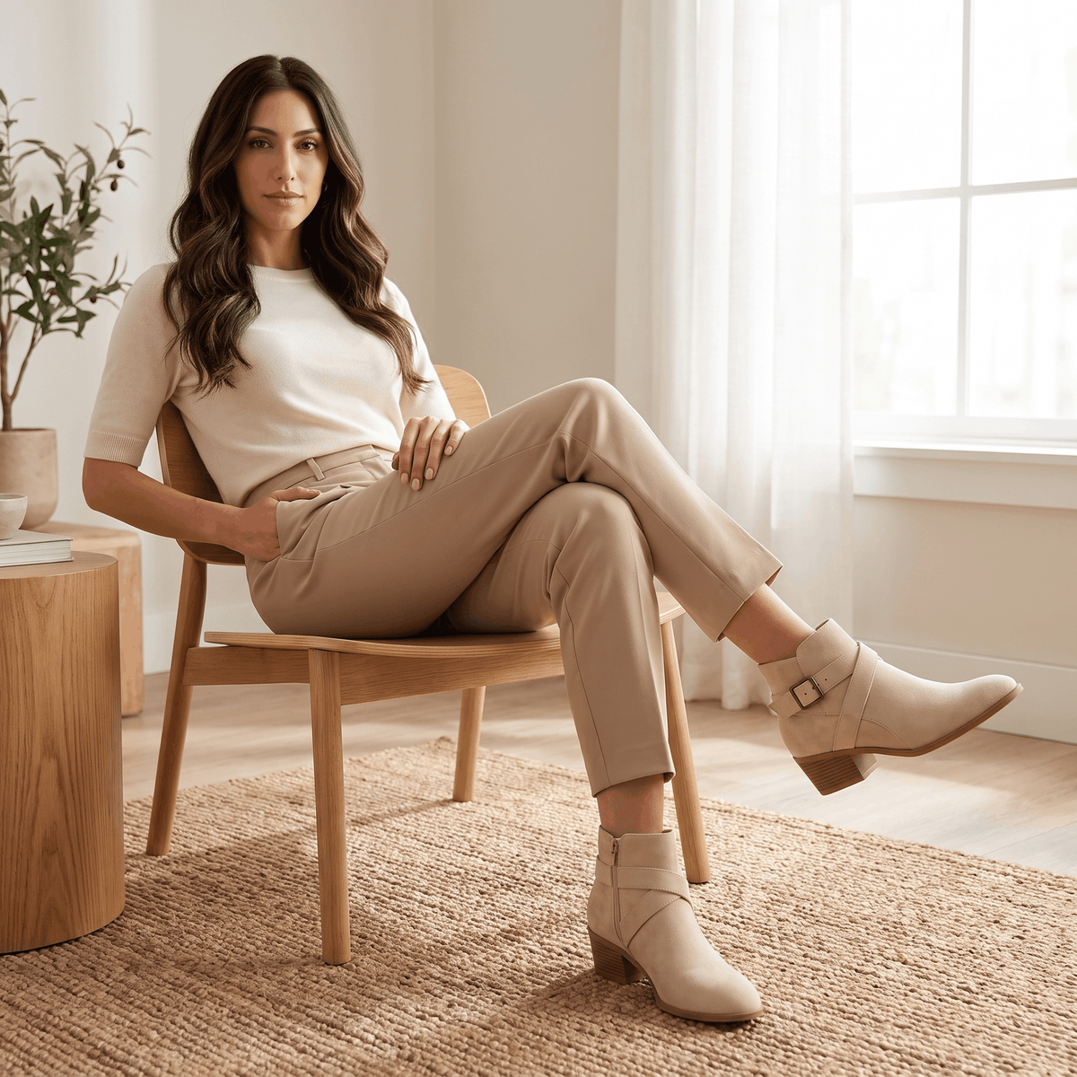 Woman seated on a chair wearing beige suede ankle boots.